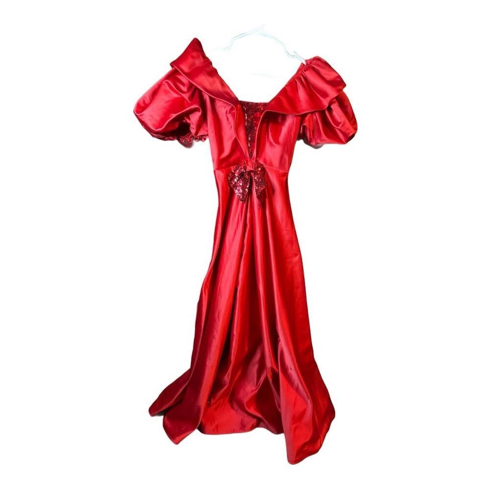 Vintage Alyce Designs Vintage 80s Red Satin Puff Sleeve Sequin Bow Size M / US 6-8 / IT 42-44 - 3 Thumbnail
