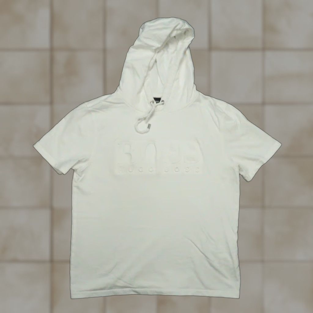 HUGO BOSS Hoodie Men Medium White Short Sleeve Pullover Hooded
