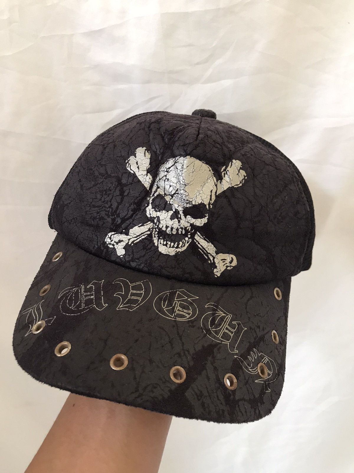image of 14Th Addiction x Kmrii Studded Skull Trucker Hat Japan in Black, Men's