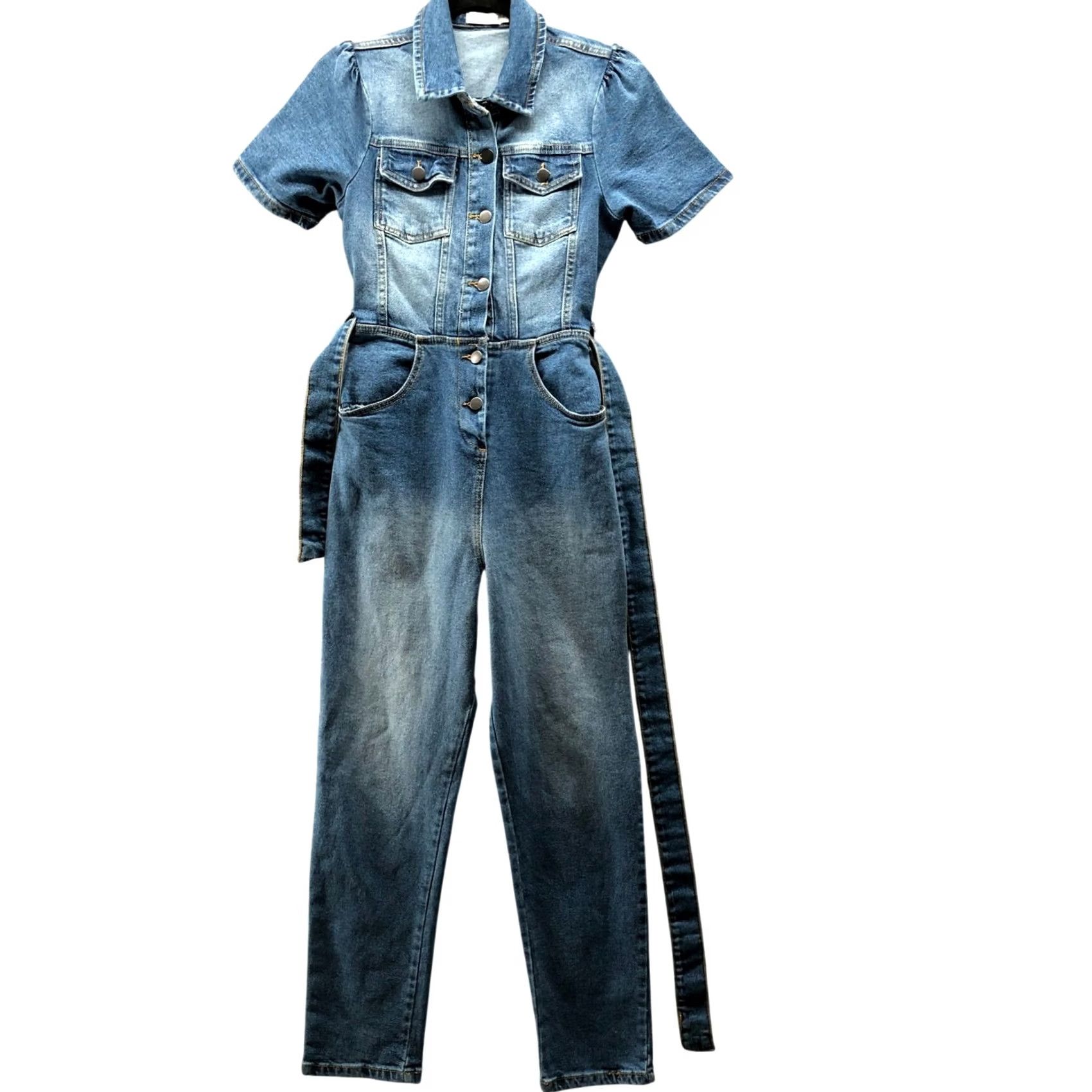 AVEC LES FILLES Avec Les Filles Denim Jumpsuit Womens 26 Blue Short Sleeve Belted Straight Leg Size 26" / US 2 / IT 38 - 2 Thumbnail