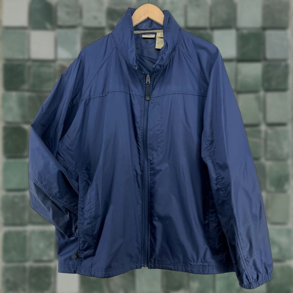 LL BEAN Jacket Mens 2XL Windbreaker Full Zip Raincoat Hooded Ripstop Nylon Blue Jacket Mens Windbreaker 2XL Blue
