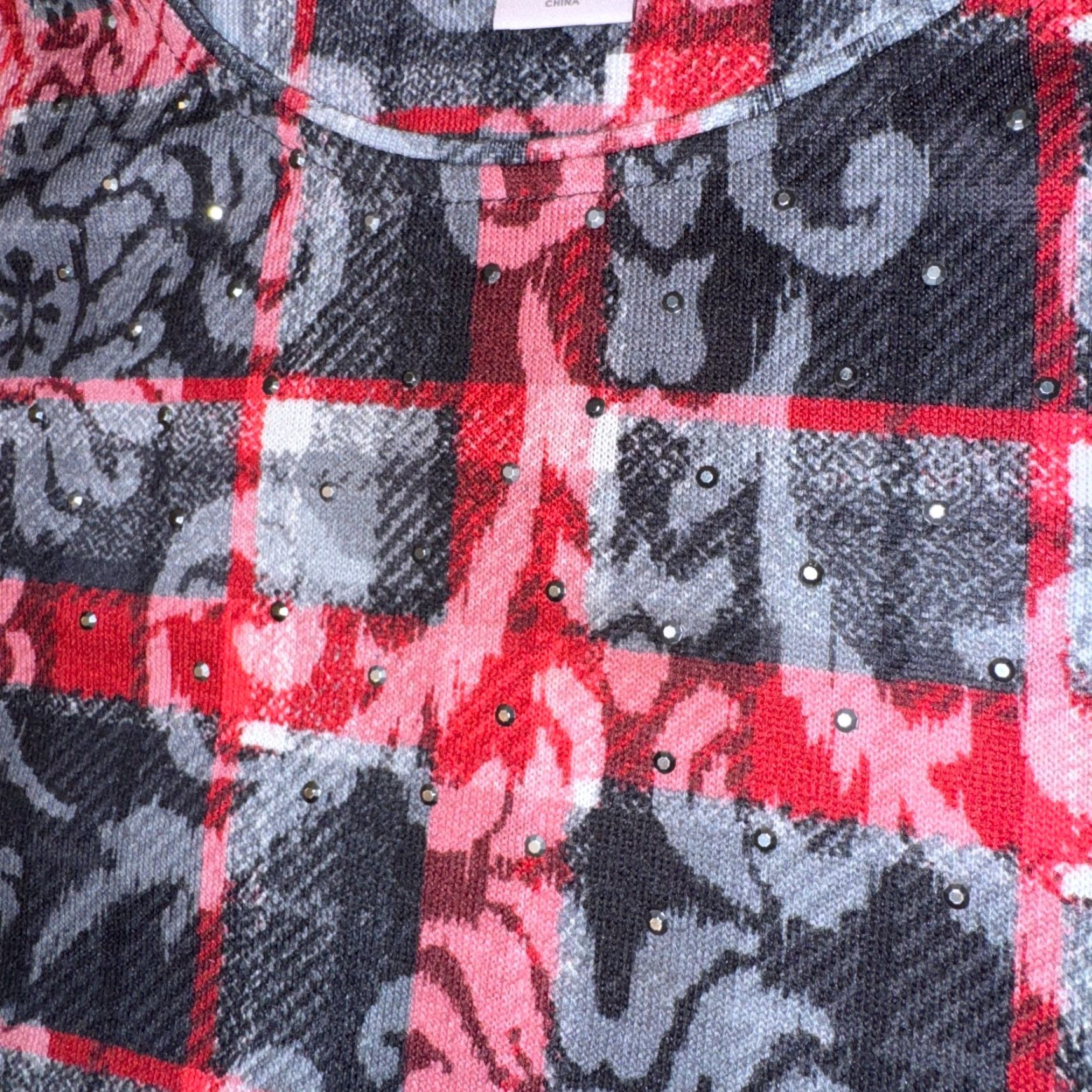 Vintage Allison Daley T-Shirt Knit Plaid Paisley Rhinestone Tunic Top L Red Casual Logo 3/4 Sleeve Cotton Polyester Modern Womens Regular Size L / US 10 / IT 46 - 3 Thumbnail