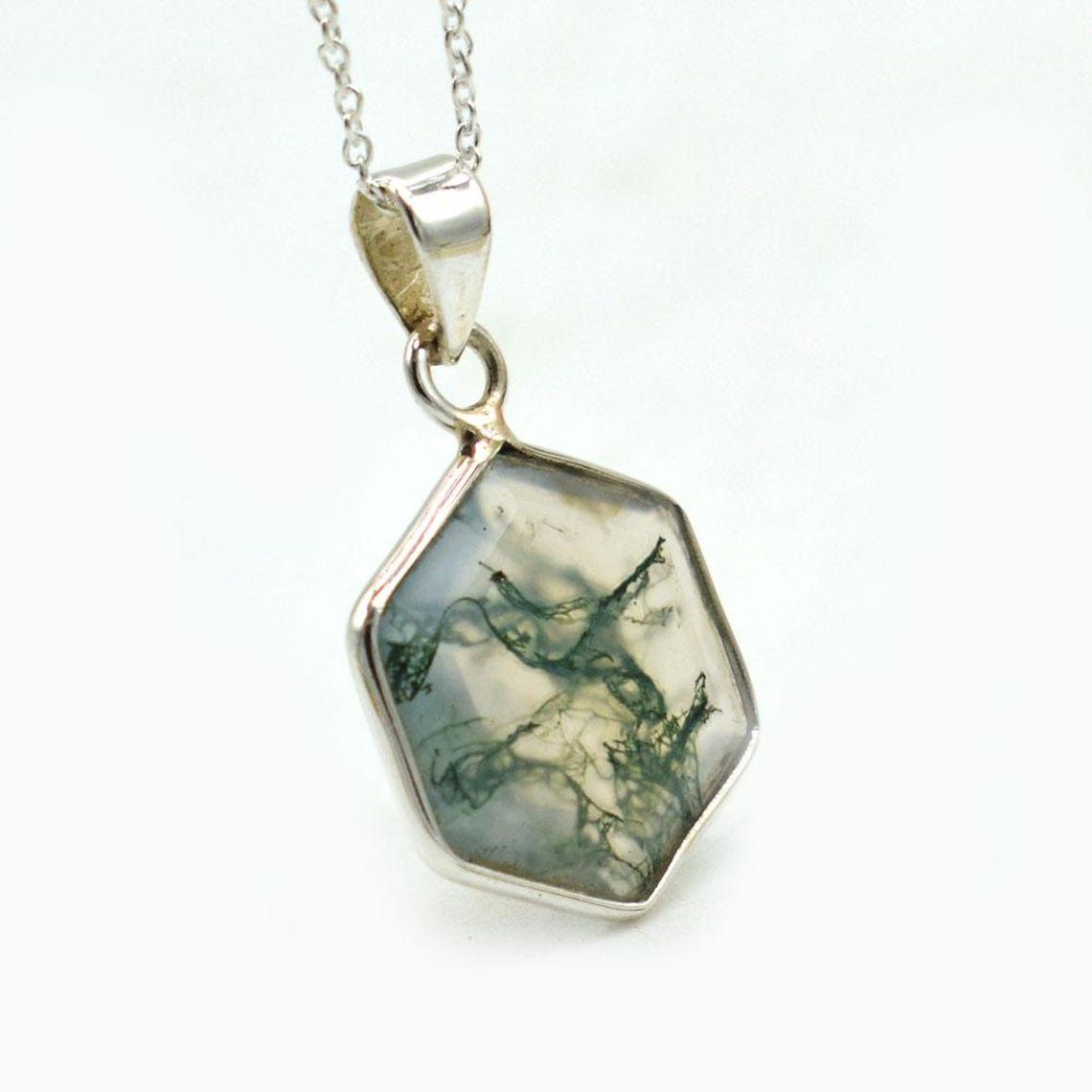 Handmade Natural Moss Agate 925 Sterling Silver Pendant Necklace Size ONE SIZE - 2 Thumbnail