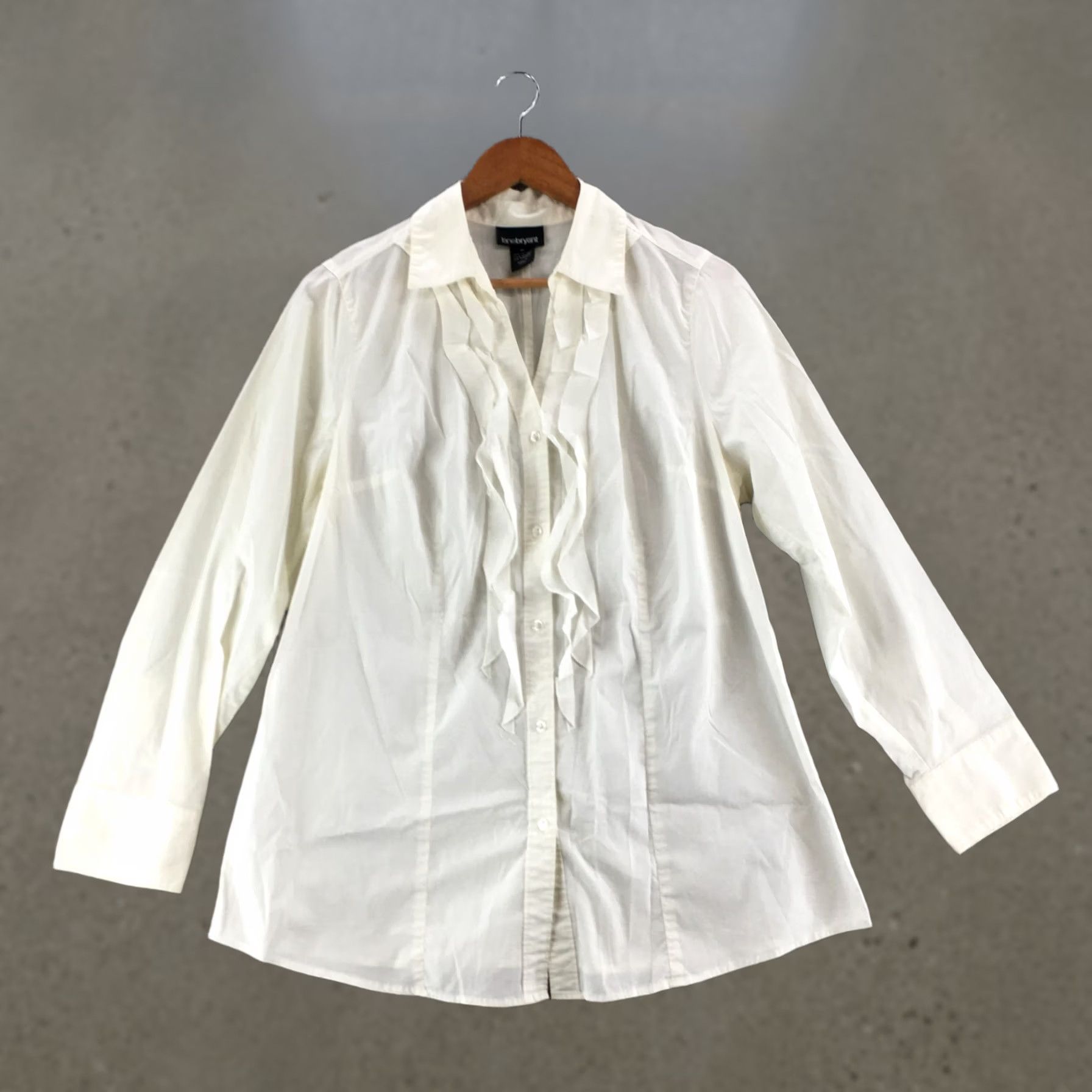 Vintage Lane Bryant Button-Up Shirt Womens 16 Cotton Blend Long Sleeve Casual White Ruffle Classic Pattern Womens 16 Button-Up Shirt Size XXL / US 16-18 / IT 52-54 - 1 Thumbnail
