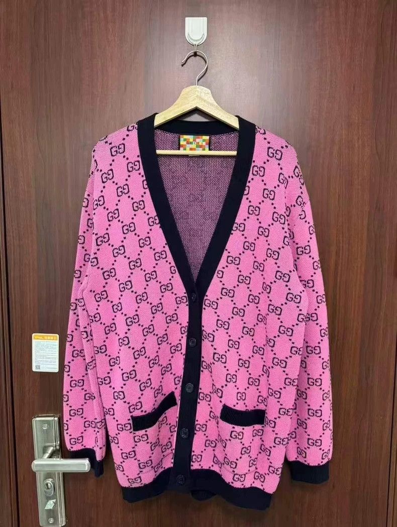 Gucci Pink Cardigan Gucci Womens Cardigan GG Wool Bouclé Jacquard