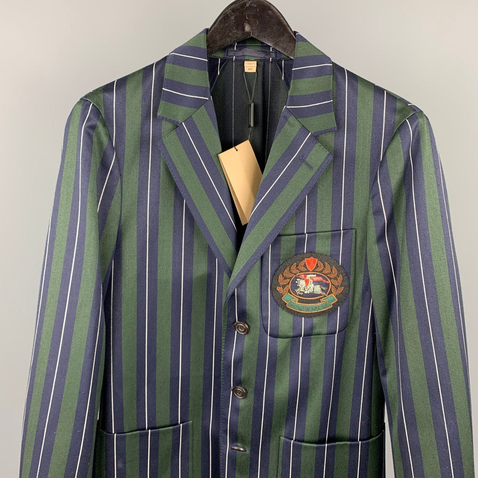 Burberry Regular Green & Navy Vertical Stripe Wool/Cotton Notch Lapel Size 36R - 2 Thumbnail