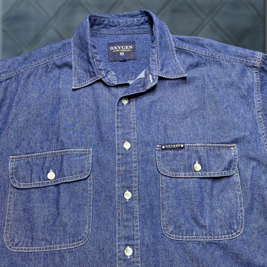 Denime VINTAGE Oxygen Jeans Company Denim Shirt Men Medium Blue Short Sleeve Button Down Pocket Size US M / EU 48-50 / 2 - 1 Thumbnail