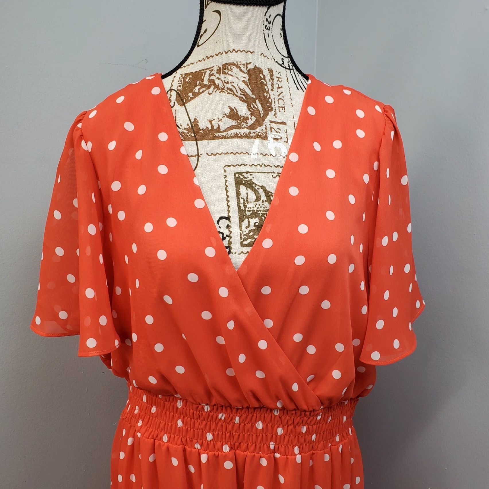 Vintage Danny and Nicole Womens 16 Orange & White Polka Dot Tiered Dress Midi Smocked Waist V-Neck Flutter Sleeve Short Sleeve Casual Party/Cocktail Size XXL / US 16-18 / IT 52-54 - 6 Thumbnail