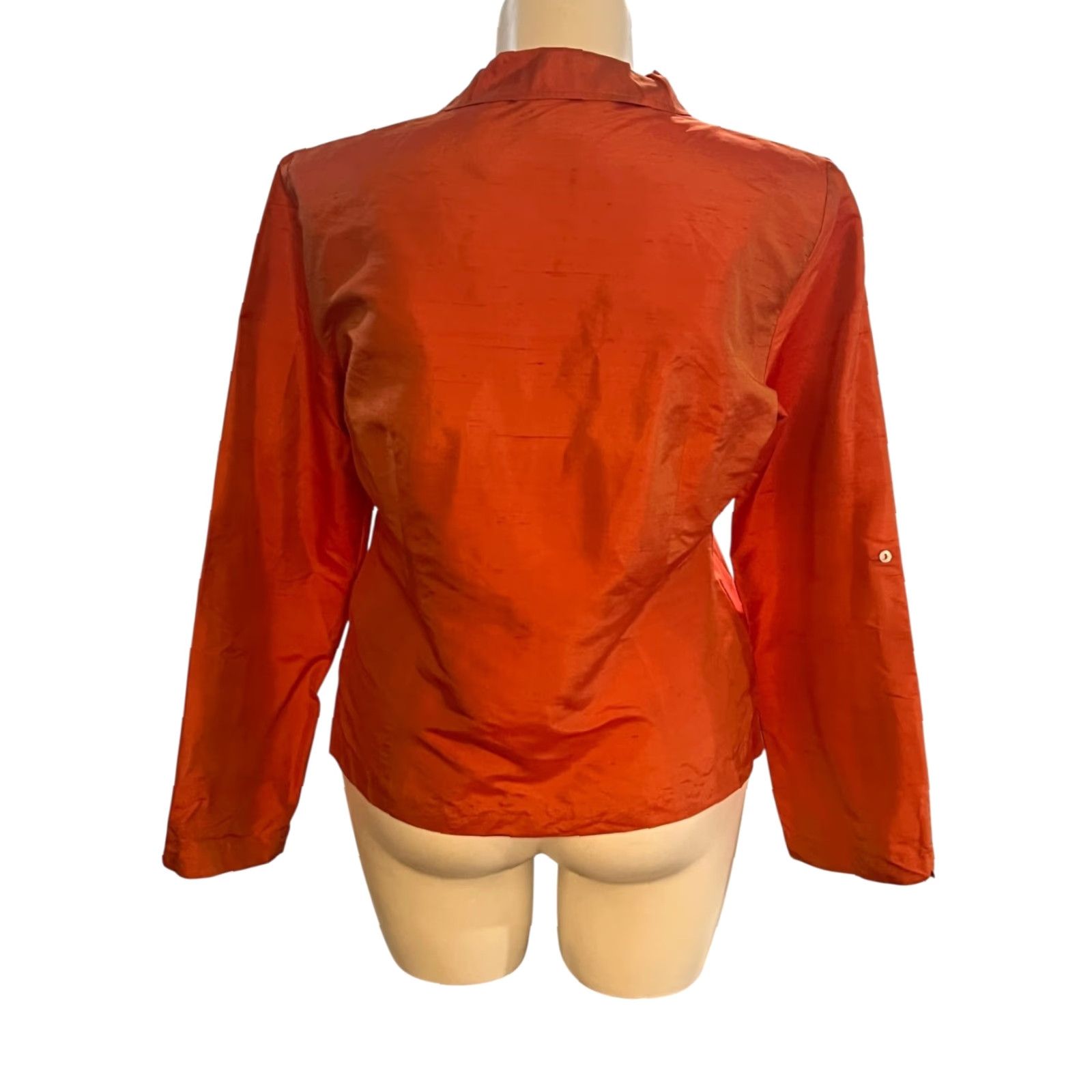 Vintage Allison Taylor Silk Blouse Orange Long Sleeve Button Up XL V-Neck Women's 100% Silk, Woven, Classic, Button, Collar, Dry Clean Only, EUC Size XL / US 12-14 / IT 48-50 - 6 Thumbnail