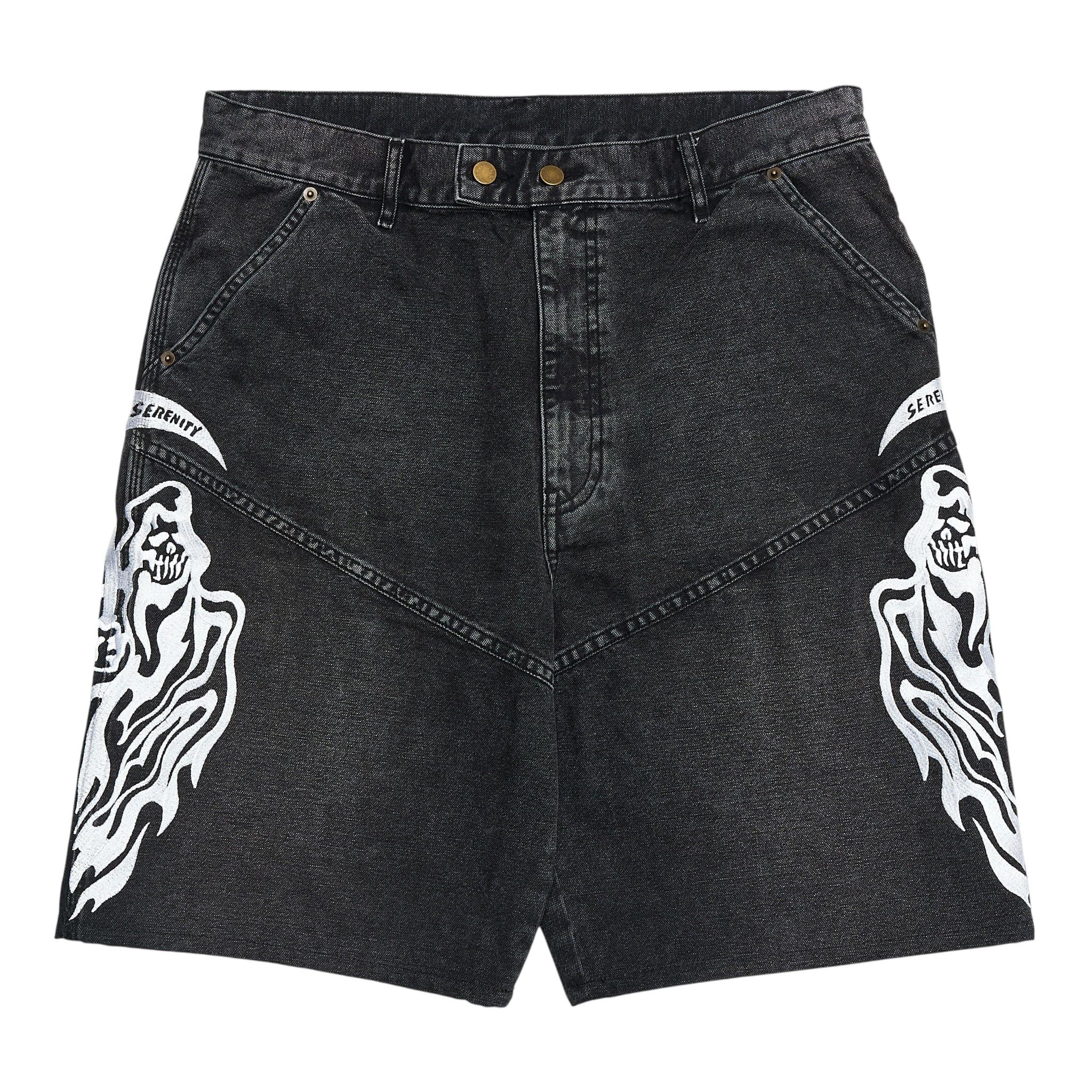 Embroidered Reaper Logo Moto Denim Shorts Vintage Black Whi
