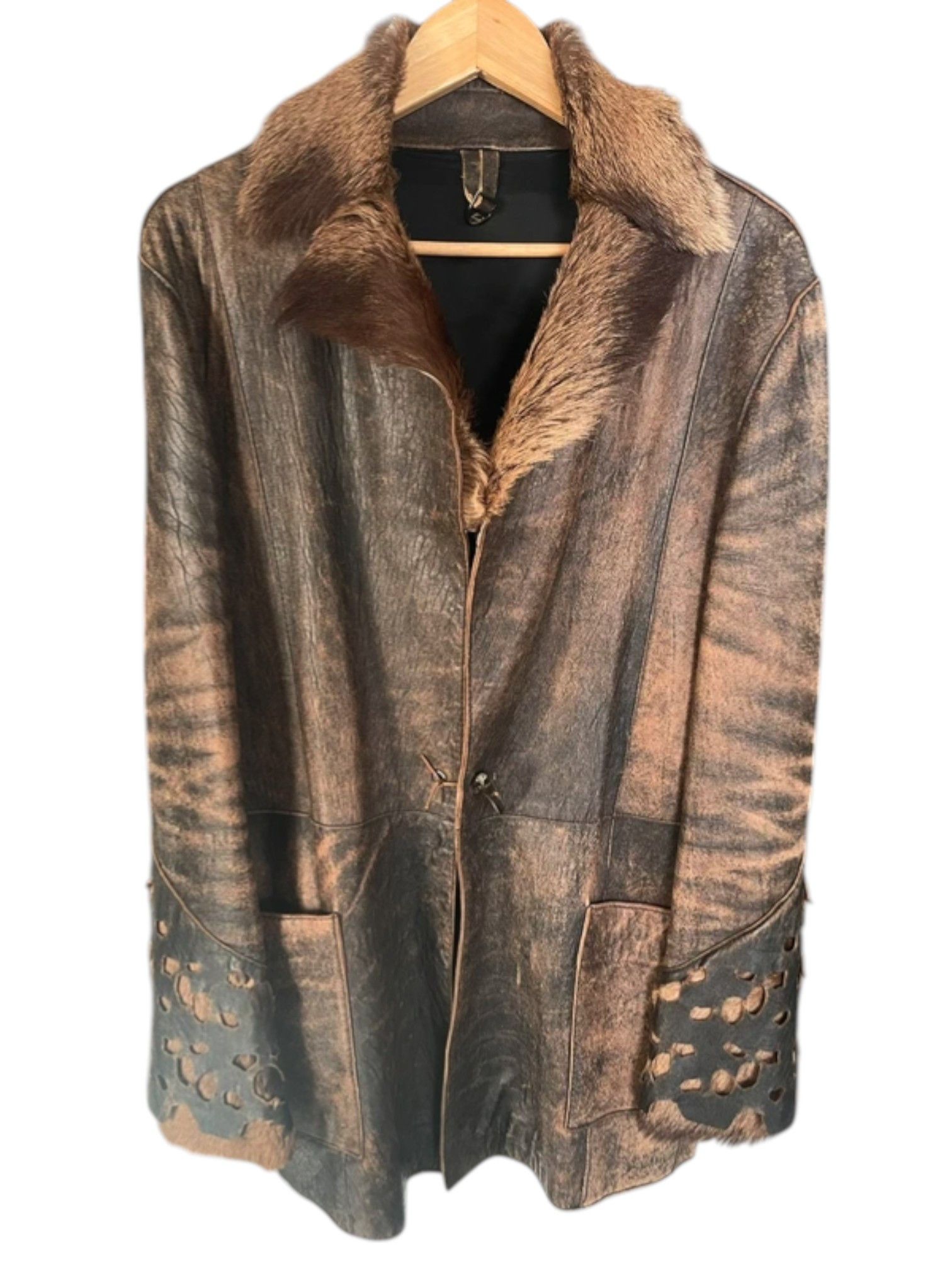 Just Cavalli Just Cavalli Distressed Leather Coat with Fur Collar Size US M / EU 48-50 / 2 - 1 Thumbnail