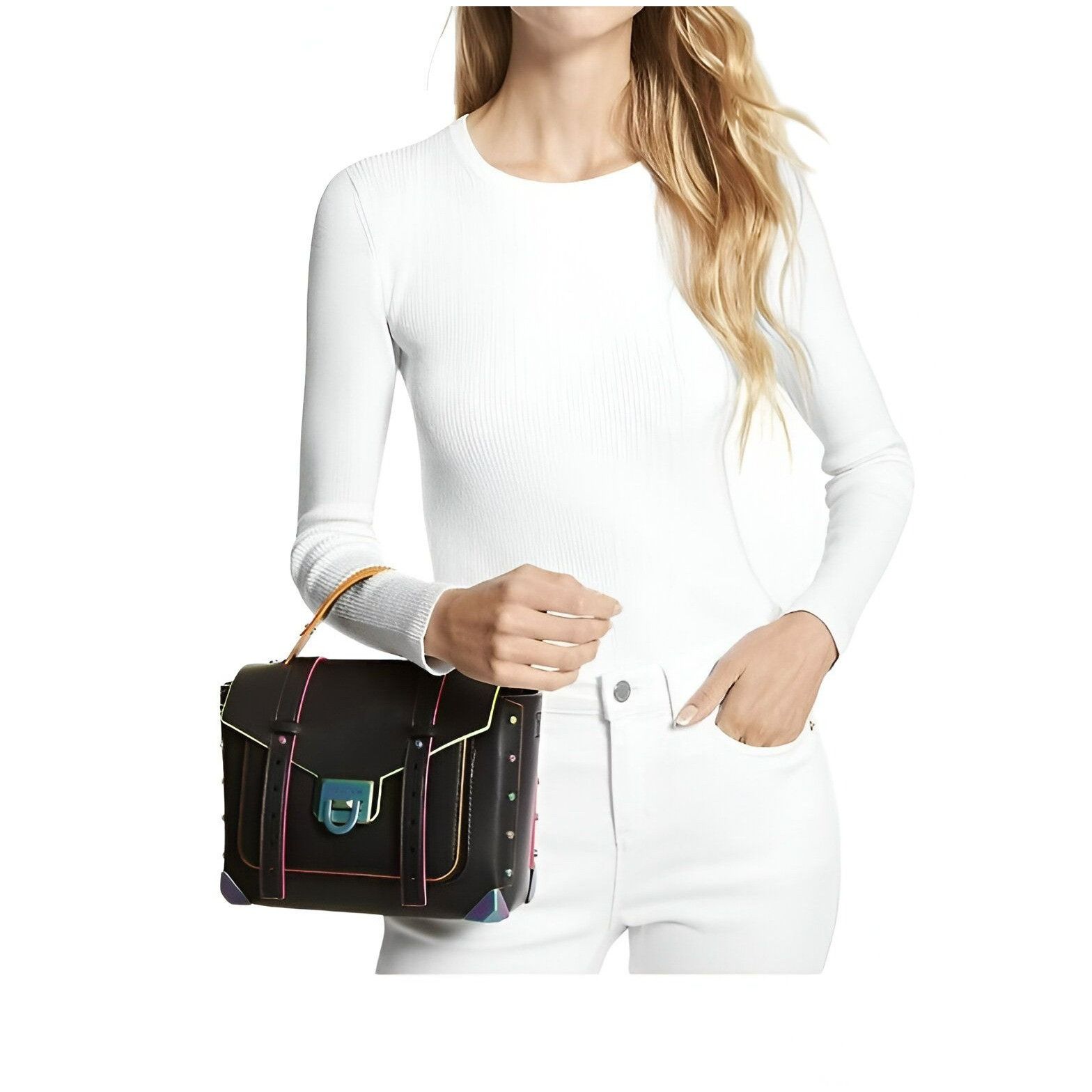 image of New Michael Kors Manhattan Medium Black Leather Top Handle, Women's