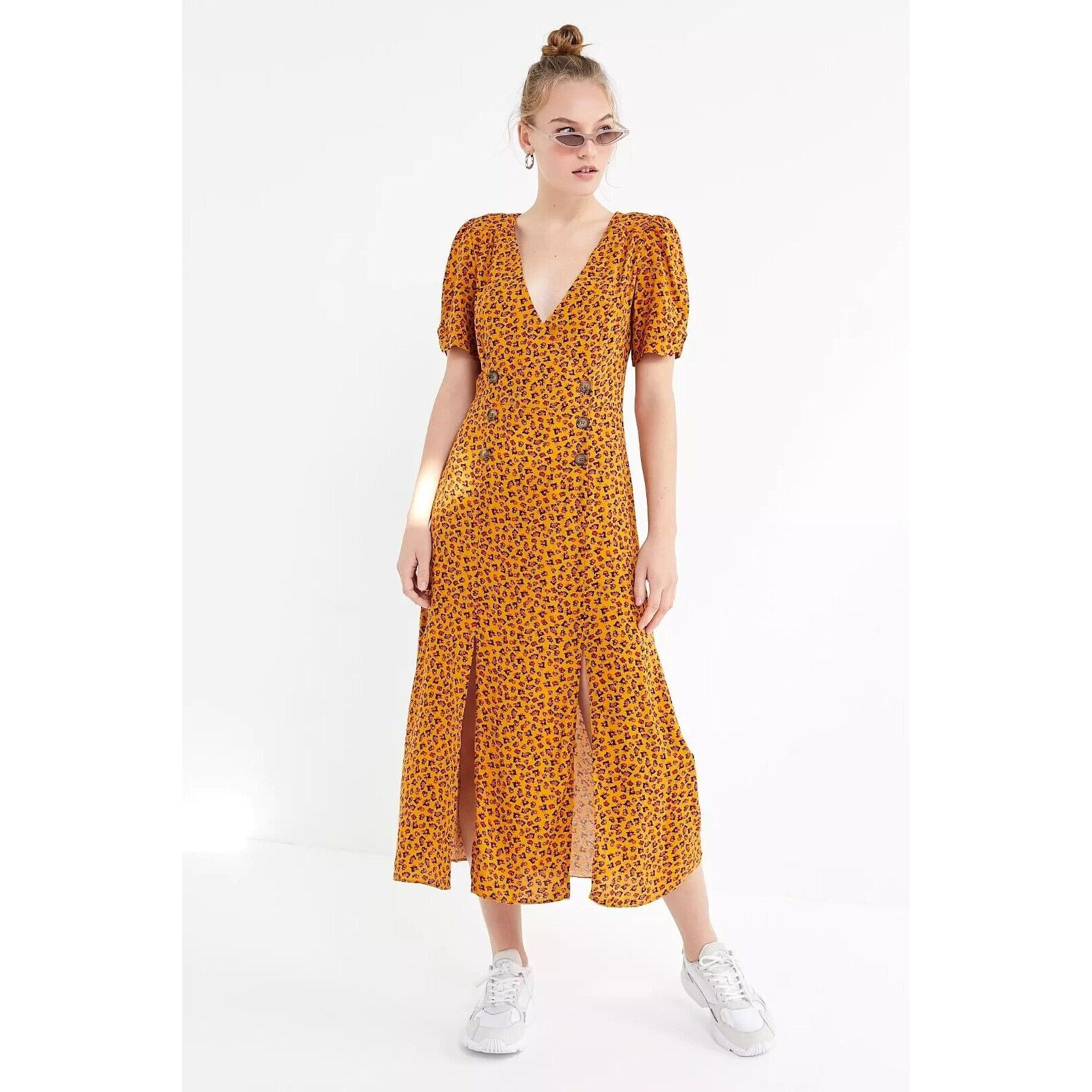 Urban Outfitters Urban Outfitters Small Front-Slit Midi Dress Floral Orange Size S / US 4 / IT 40 - 1 Thumbnail