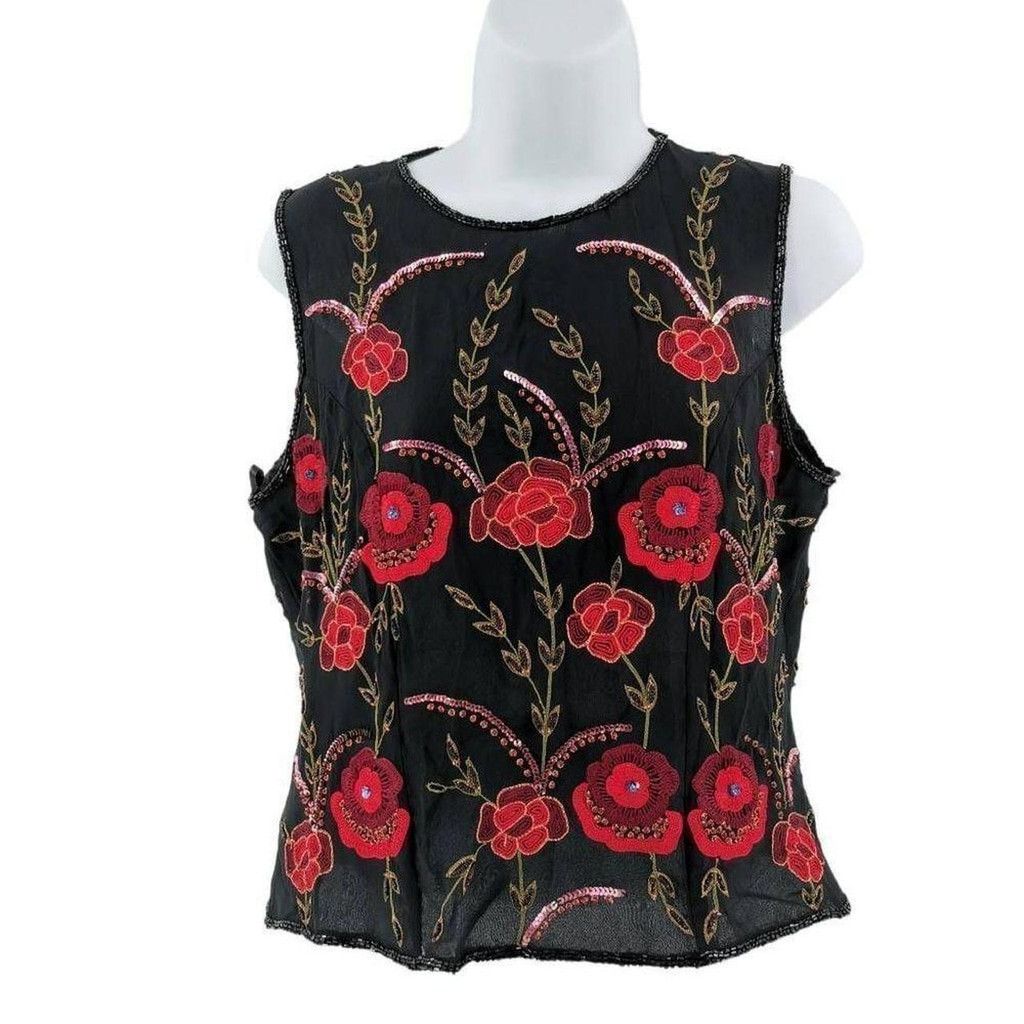Vintage Vintage Black Silk Top with Red Hand Embroidered Design Size L / US 10 / IT 46 - 1 Thumbnail