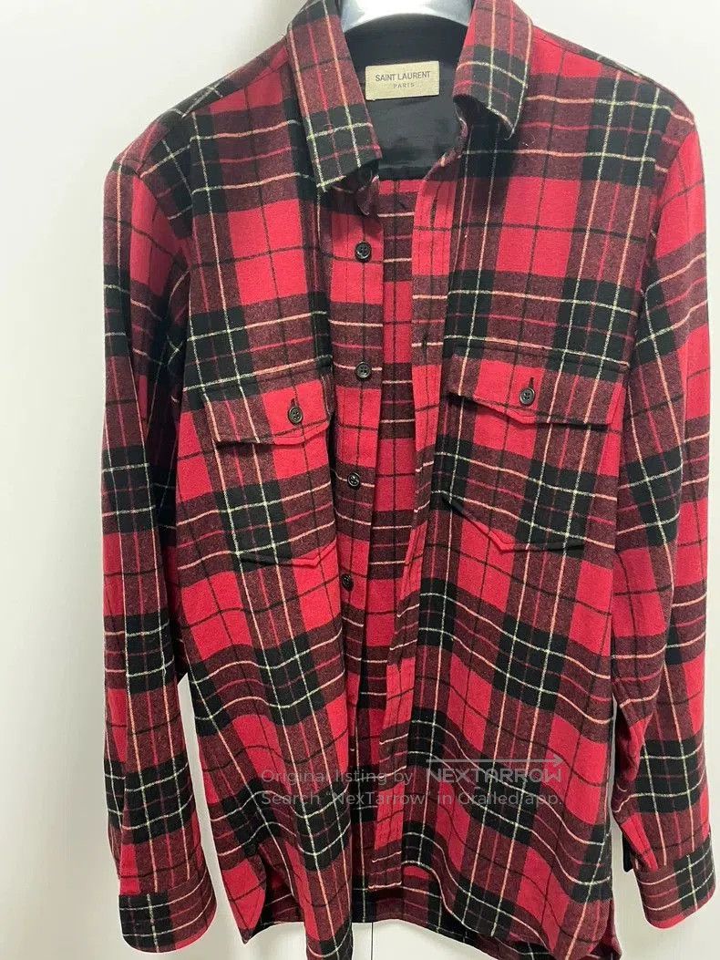 Saint Laurent Red Black Plaid Wool Shirt.