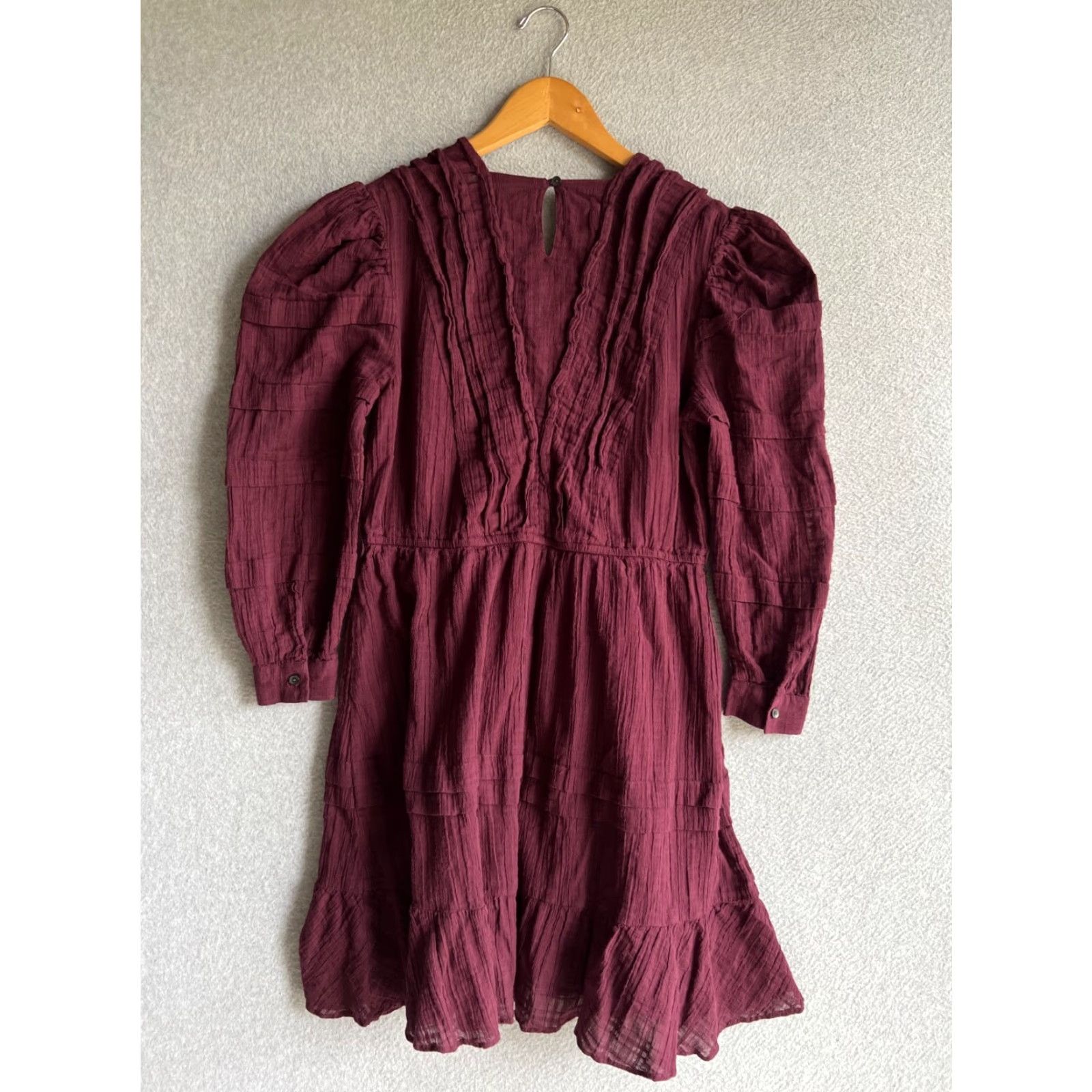 Rebecca Taylor A-Line Dress Womens S Burgundy Boho Puff Sleeve Short Casual