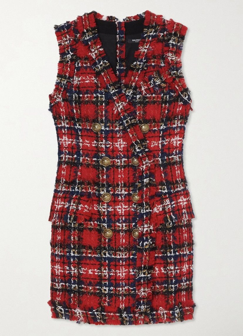 BALMAIN Frayed Checked Tweed Mini Dress