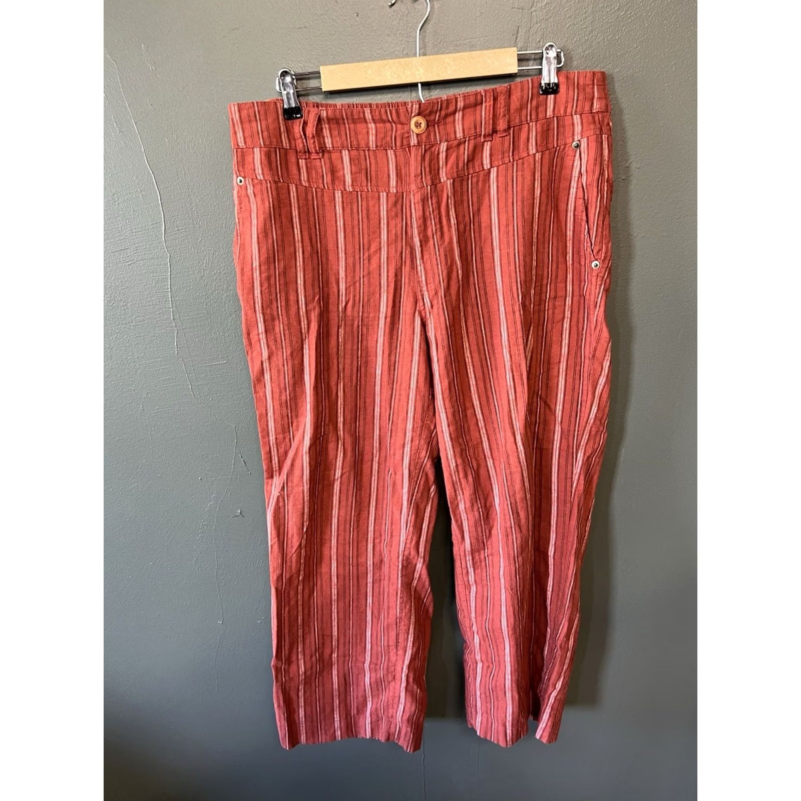 Vintage Sundance Pants Womens Red Striped Linen Cropped Wide-Leg Size 14 Size 36" / US 14 / IT 50 - 2 Thumbnail