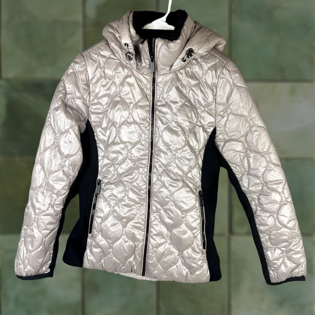 Vintage Calvin Klein Jeans Jacket Womens Small Beige Quilted Hooded Puffer Winter Coat Size 28" / US 6 / IT 42 - 1 Thumbnail