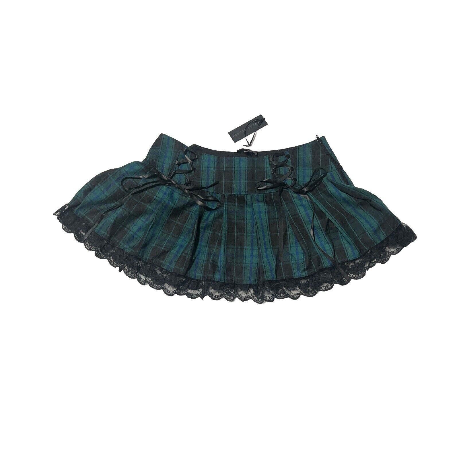 Designer XXL Plaid Widow Mini Skirt Lace Pleated Goth Teal Tartain Size 42" / US 20 - 1 Thumbnail