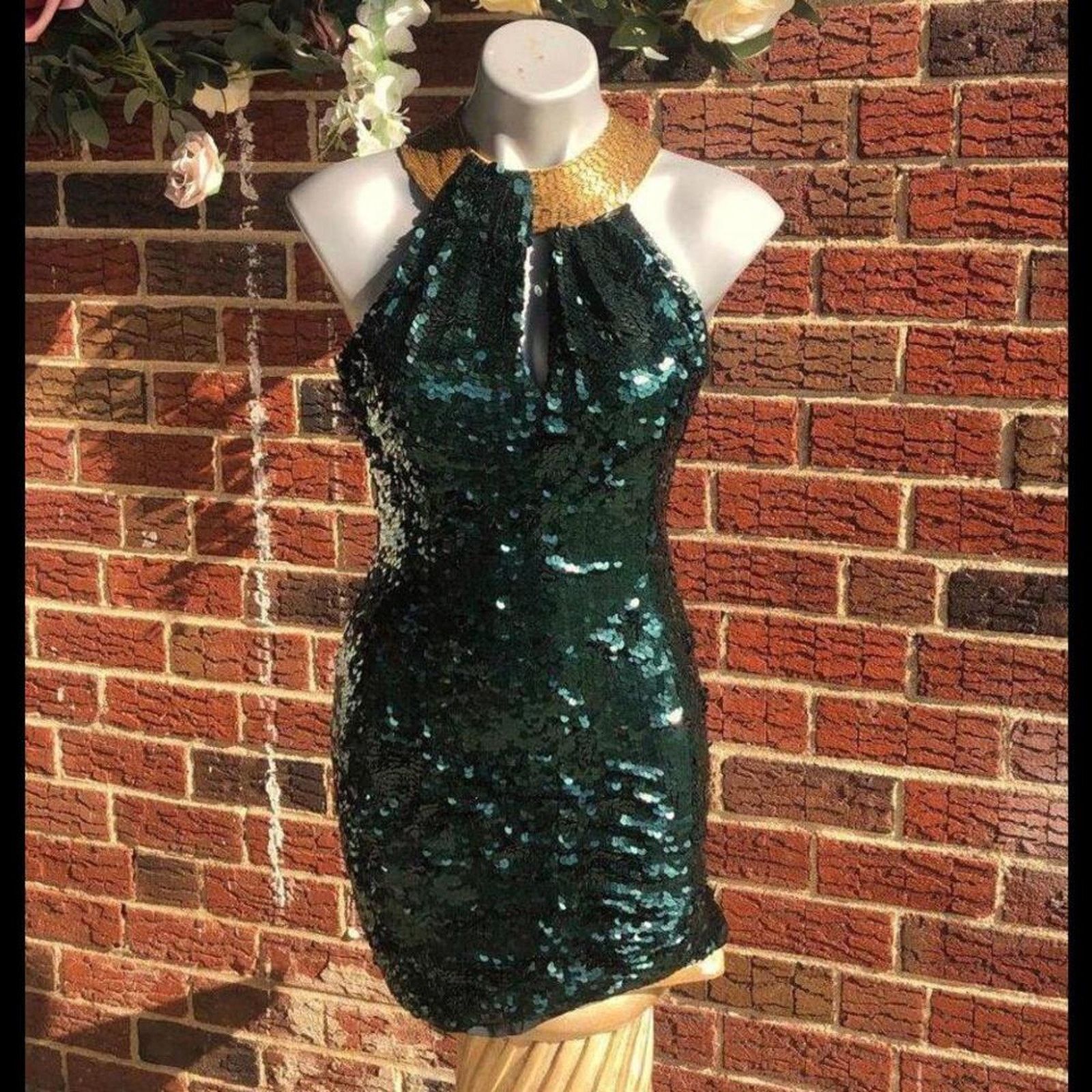 & Other Stories Dress Gown Wedding Green sequin Gold beaded collar halter Size S / US 4 / IT 40 - 1 Thumbnail