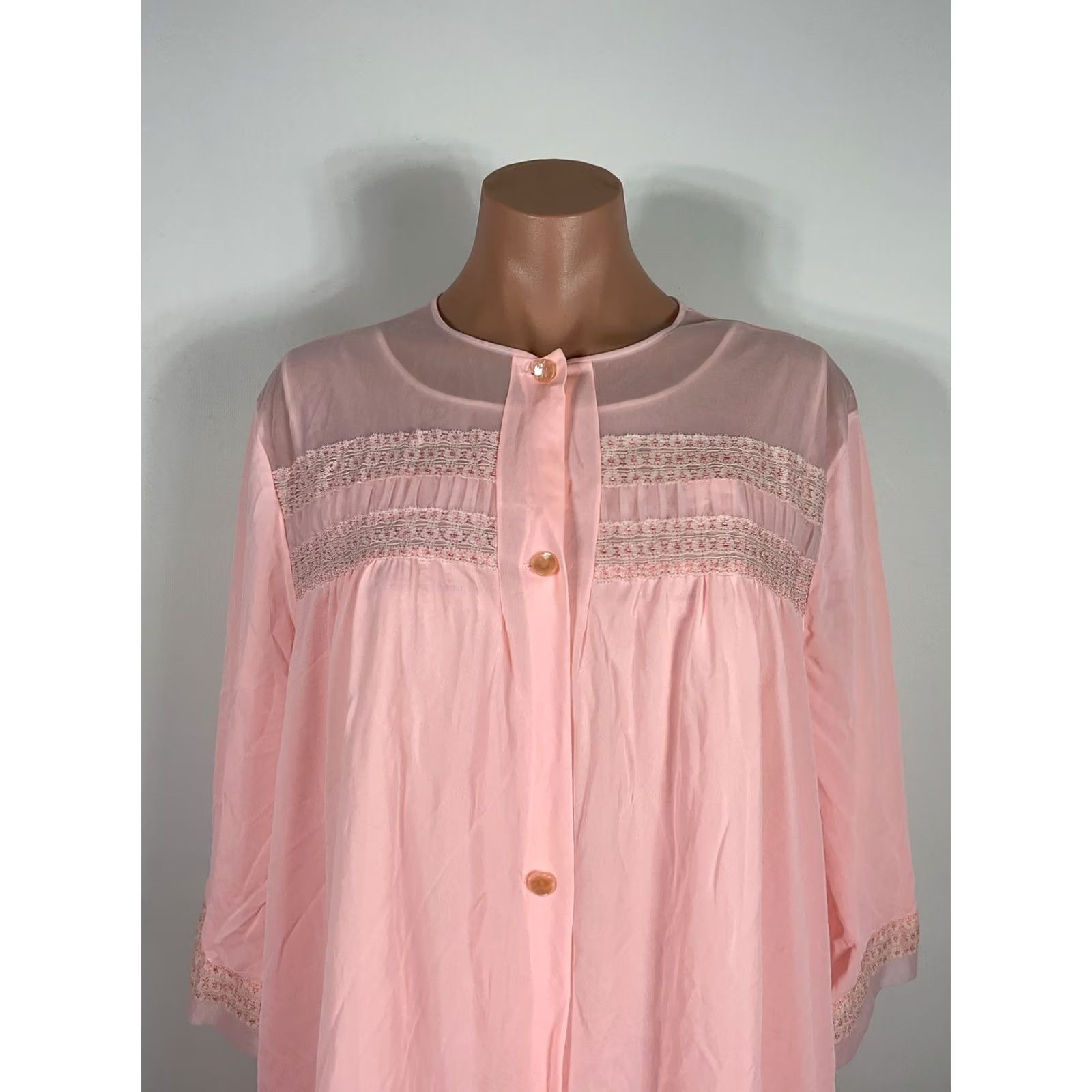 Vintage VINTAGE LORRAINE M Pink Vtg 70s ROBE NIGHTGOWN PEIGNOIR SET Embroidered Lace Size ONE SIZE - 7 Thumbnail