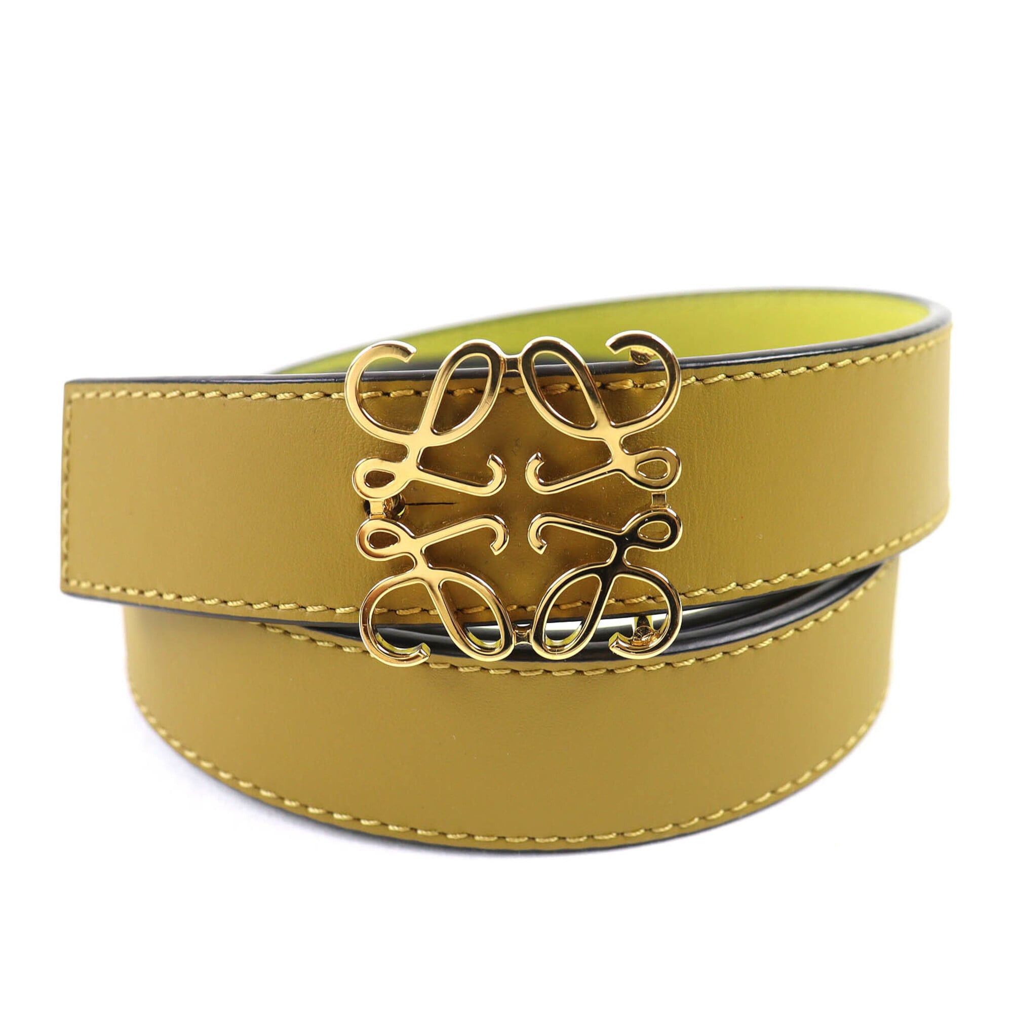 Loewe LOEWE 832213 Anagram Buckle Leather Belt, Olive Green with Yellow and Gold Hardware, Size 80 (32), Comes Box Dust Bag, Made in Spain, Women's. Size ONE SIZE - 1 Thumbnail