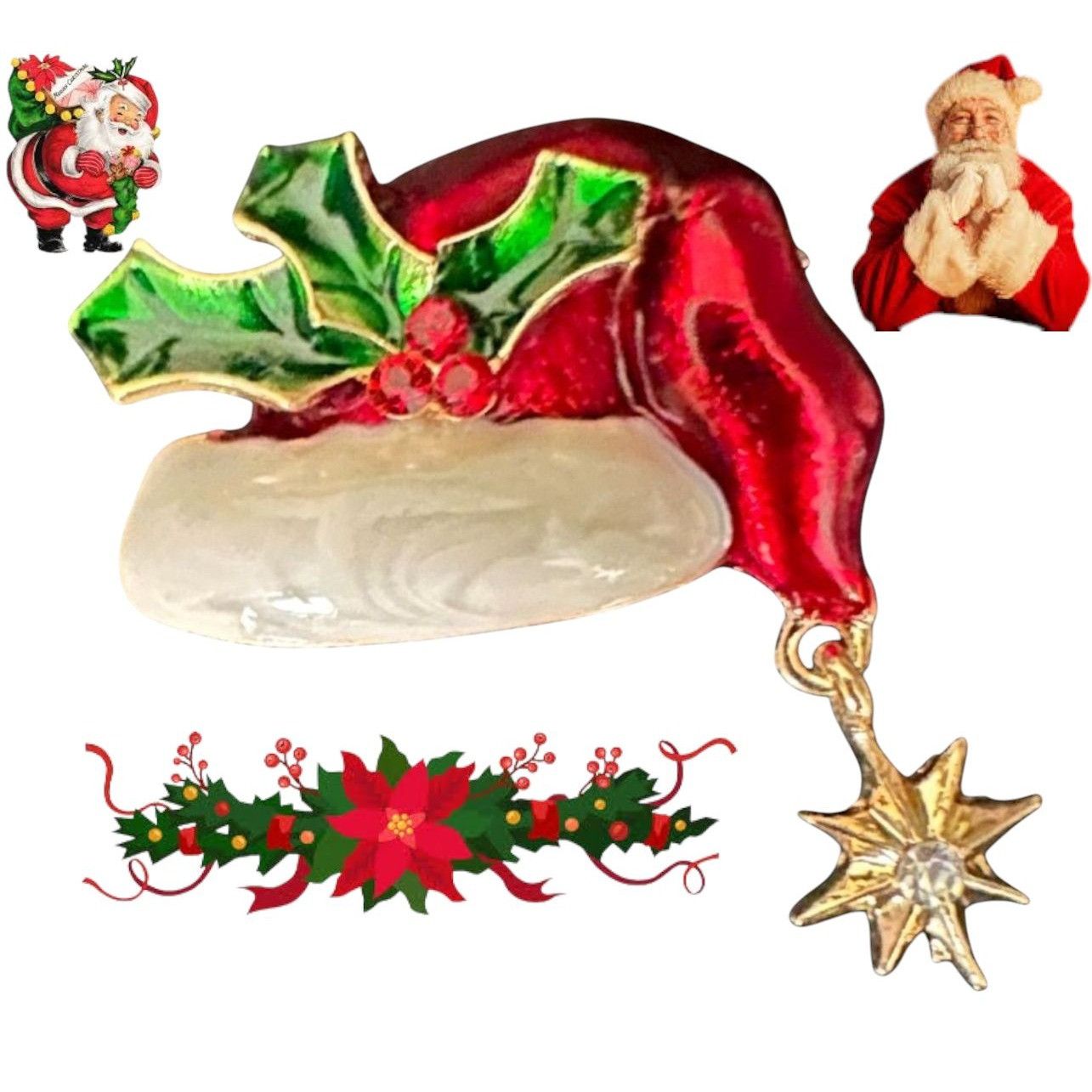 Handmade Santa Hat Brooch Pin Whimsical New Christmas Dangle Star Ho Size ONE SIZE - 1 Thumbnail