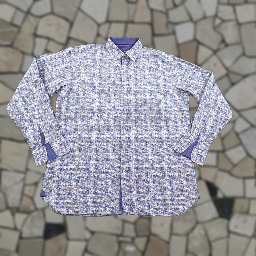 BUGATCHI BUGATCHI Shirt Mens XL Button-Up Long Sleeve Blue Abstract Print Classic Fit Geometric Cotton Button Size US XL / EU 56 / 4 - 1 Thumbnail
