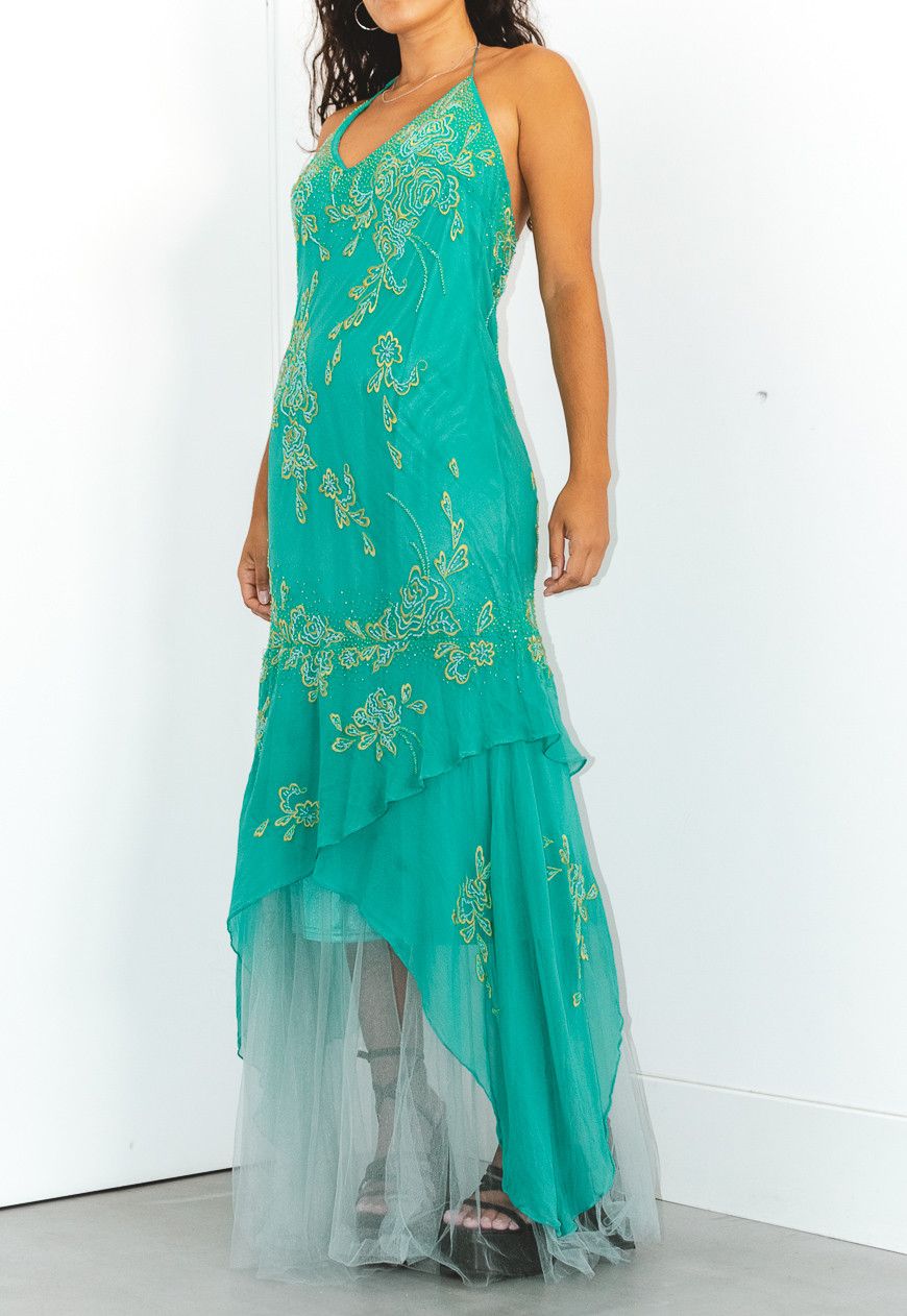 Image of Vintage 90's Stunning Aqua Silk Embroidery Dress, Women's (Size XL)