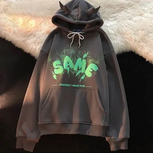 VIBE Vintage puff print oversized grey horns hoodie y2k devil Size US L / EU 52-54 / 3 - 3 Thumbnail