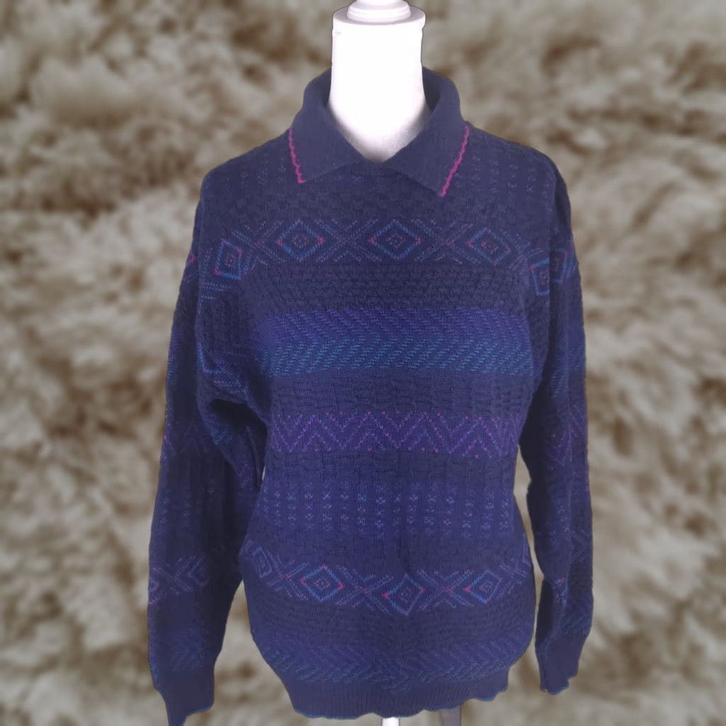 VINTAGE Isle of Cotton Sweater Womens Large Knit Pullover 90s Geometric Blue Casual Womens