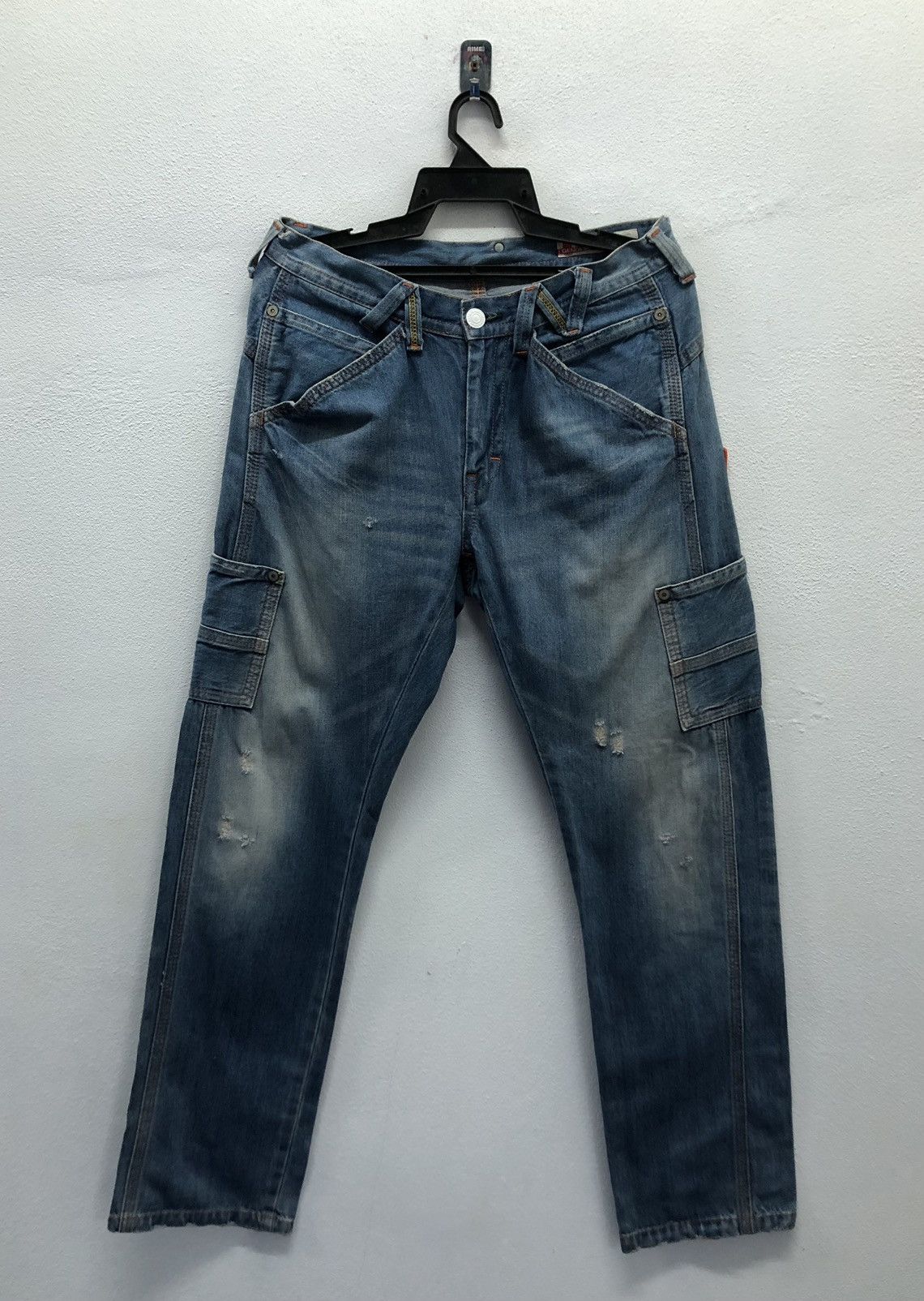 GENOESE Cargo Denim Jeans Medium Distressed Workwear Style