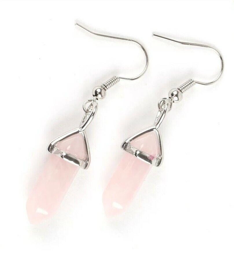 n.d.c. made by hand Earring Natural Stone Rose Quartz Hexagonal Reiki Bead Drop Size ONE SIZE - 2 Thumbnail