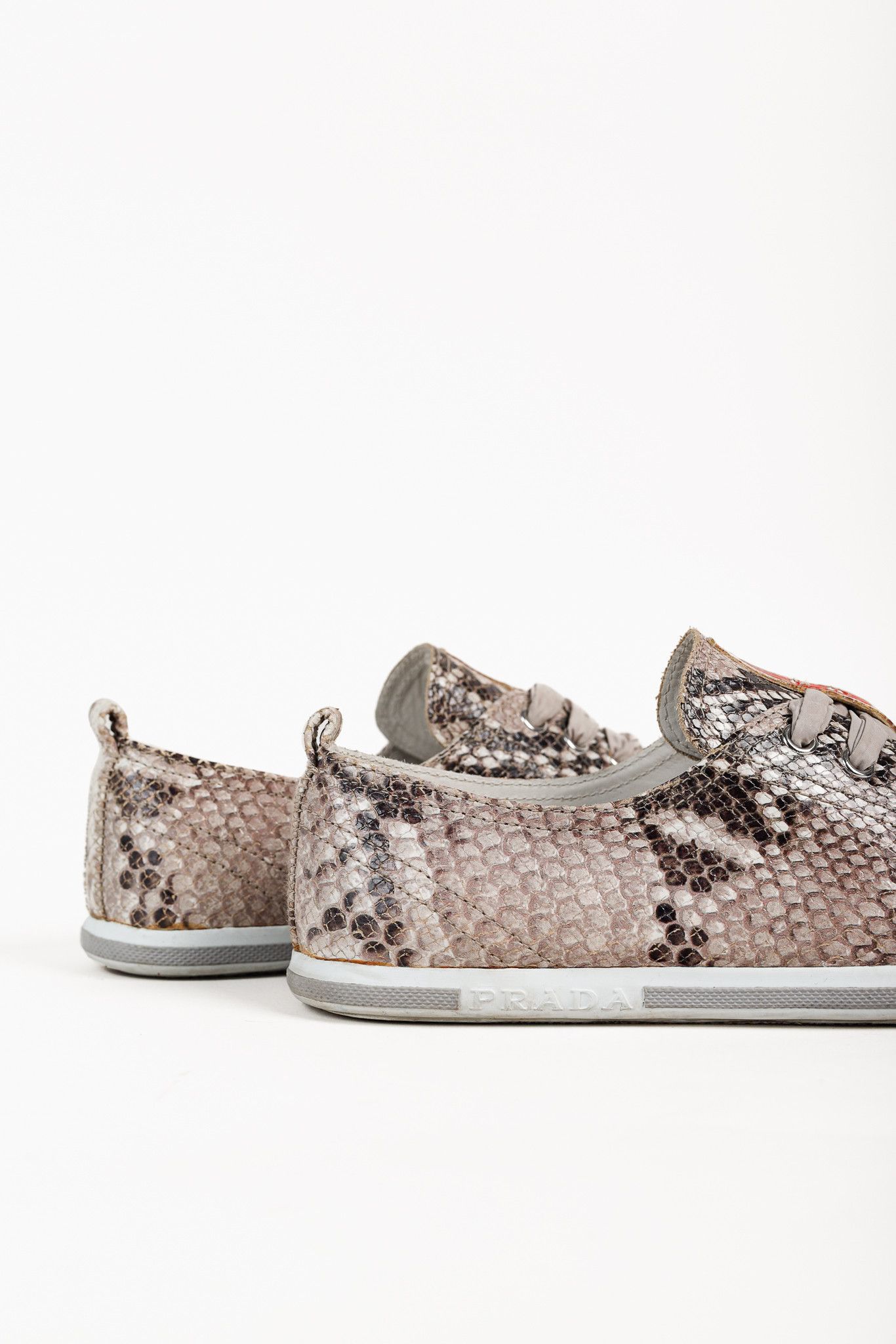 Prada Prada Red Label Taupe Snake Print Satin Ribbon Tied Sneakers Size US 7.5 / IT 37.5 - 8 Thumbnail