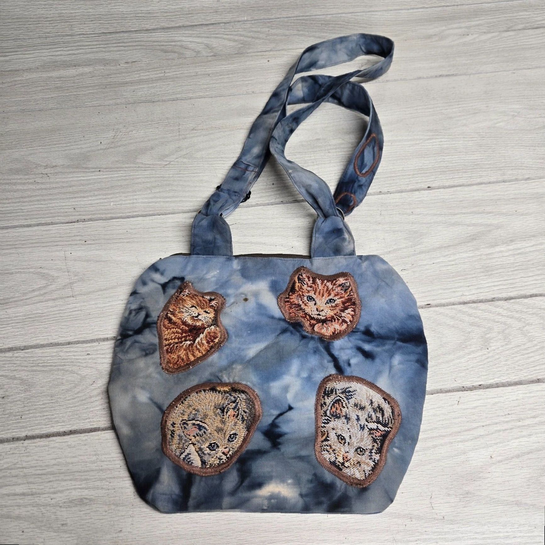 Vintage Blue Cotton Shoulder Bag Medium Size Cat Animal Print Purse Womens Size ONE SIZE - 3 Thumbnail