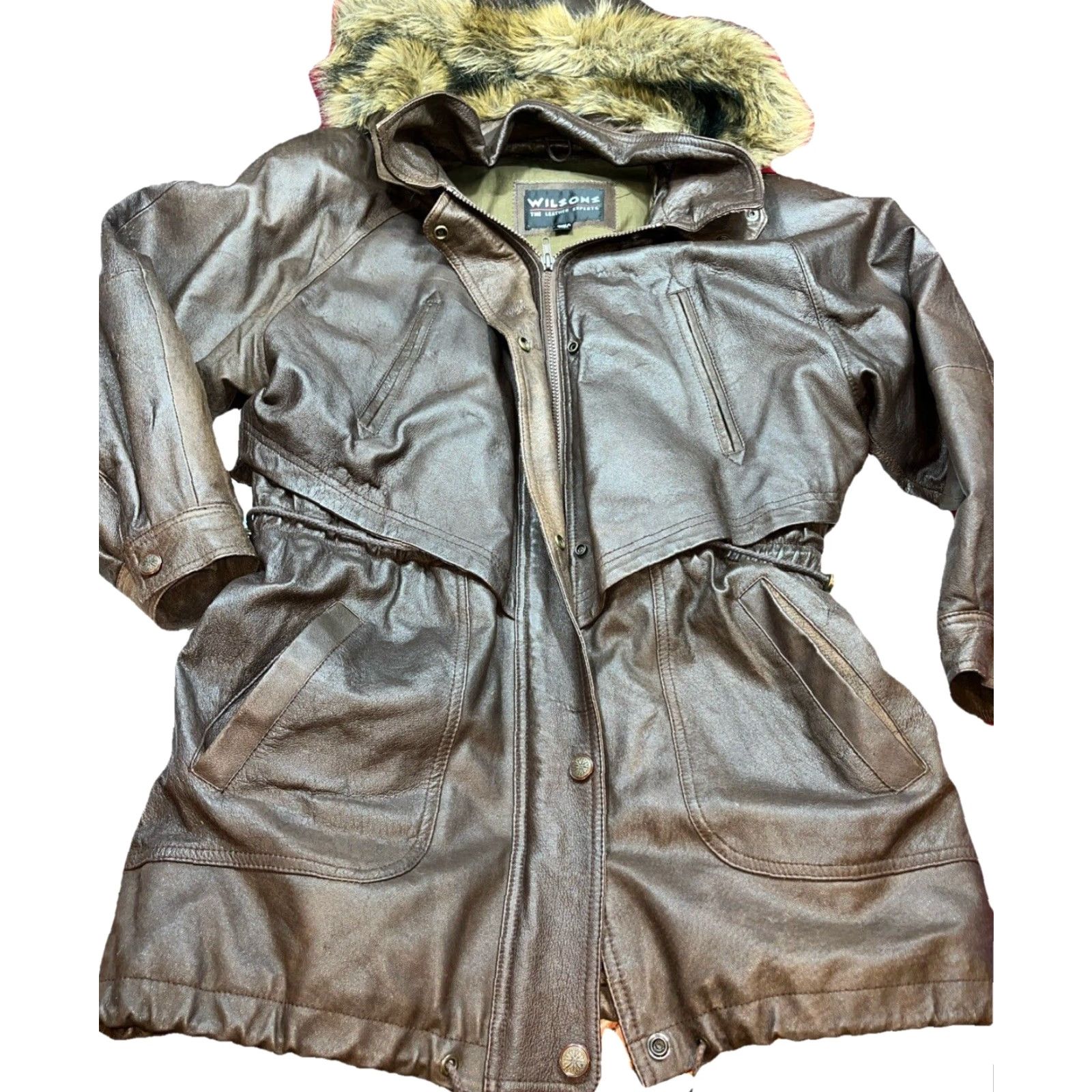 Vintage VINTAGE Wilson’s Leather Brown Leather Jacket Zip Snap Lined Fur Hooded Cinch Ties M Size M / US 6-8 / IT 42-44 - 2 Thumbnail