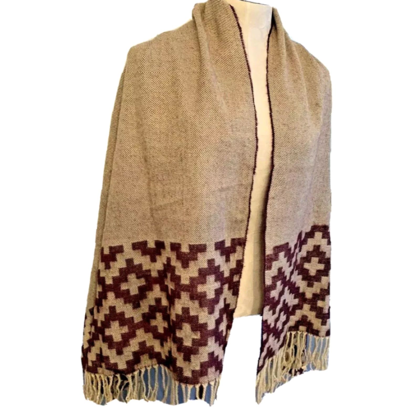 Vintage VINTAGE Fringed Reversible Print Shawl Wrap Scarf 64 x 29 Merlot Tan Shawl Wrap Women Brown Fringe Geometric Reversible Fall Winter Size ONE SIZE - 2 Thumbnail