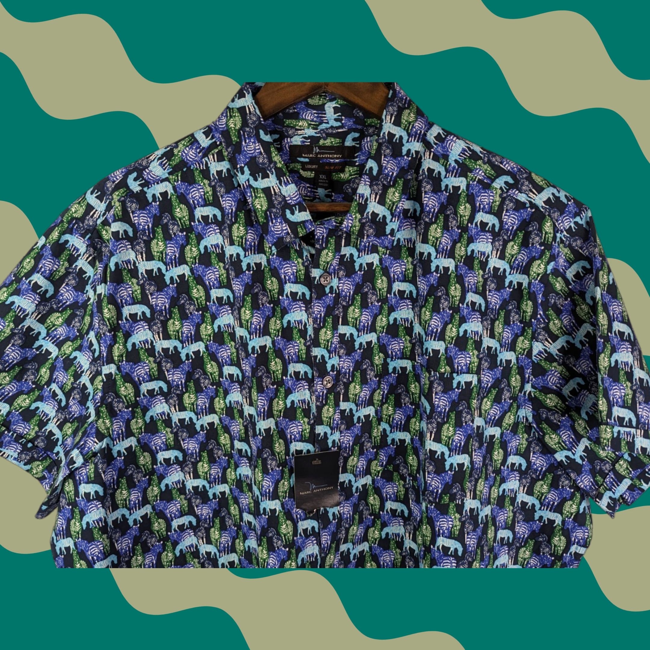 Marcs VINTAGE Marc Anthony Blue Zebra Print Luxury Slim Fit Short Sleeve Button Shirt Mens 2XL Size US XXL / EU 58 / 5 - 1 Thumbnail