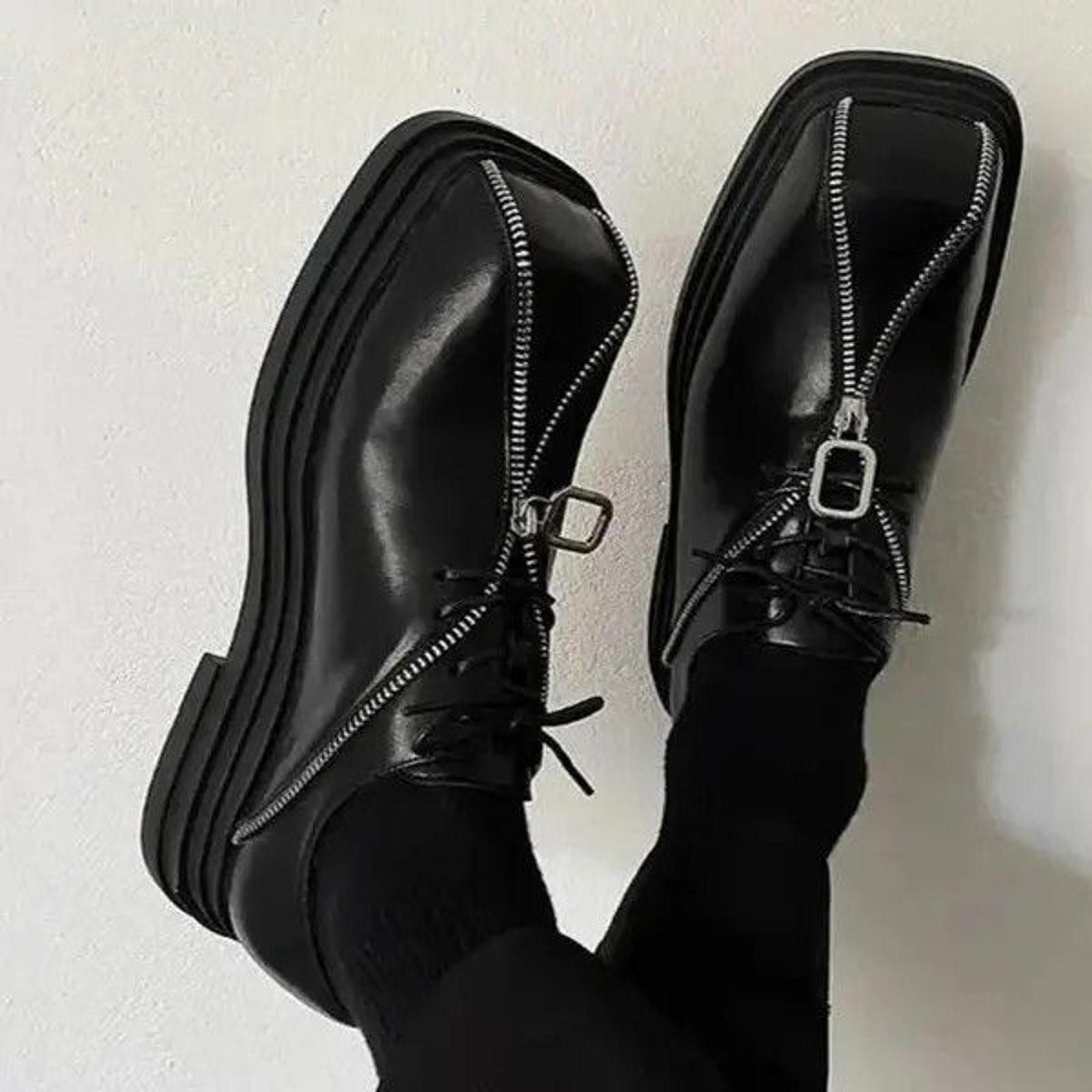 Black Chunky Platform Oxford Shoes Zipper Accent Shoes