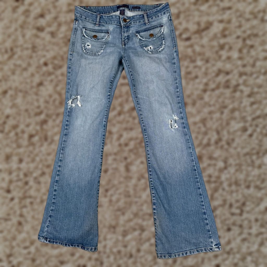 Vintage Aeropostale Jeans 7 Juniors Blue Denim Flared Distressed Cotton Blend Low 32x30 Size 28" / US 6 / IT 42 - 1 Thumbnail