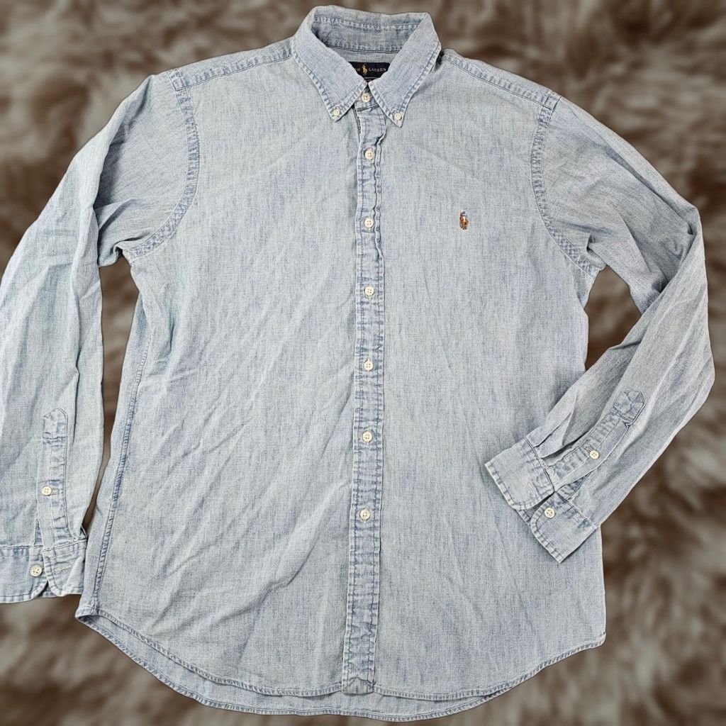 VINTAGE Ralph Lauren Denim Shirt Men XL Slim Fit Long Sleeve Light
