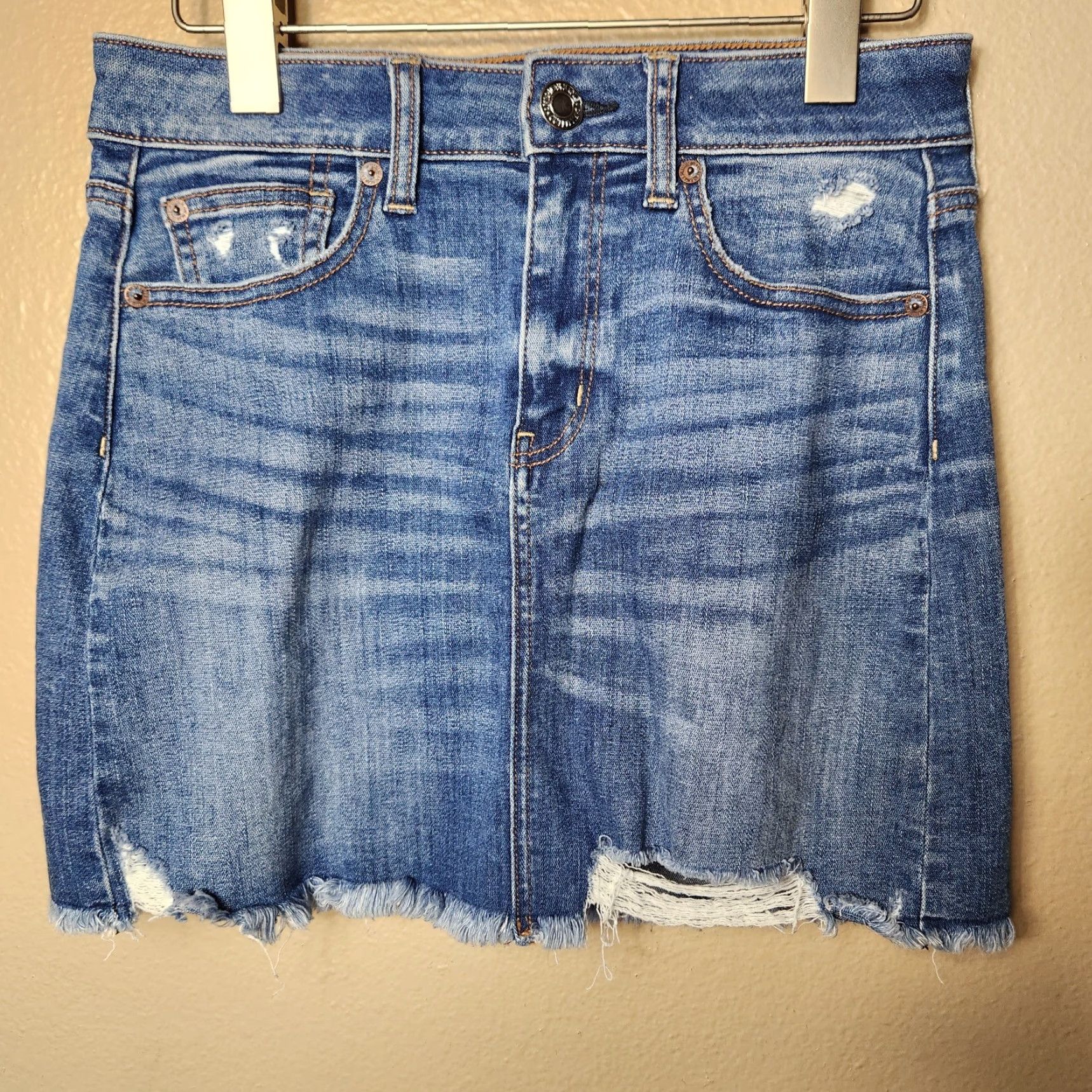 American Eagle Outfitters American Eagle Outfitters Skirt Denim Mini High Rise Frayed Edge 4 Blue Stretch Vintage 90s Womens Size US 4 / IT 34 - 2 Thumbnail