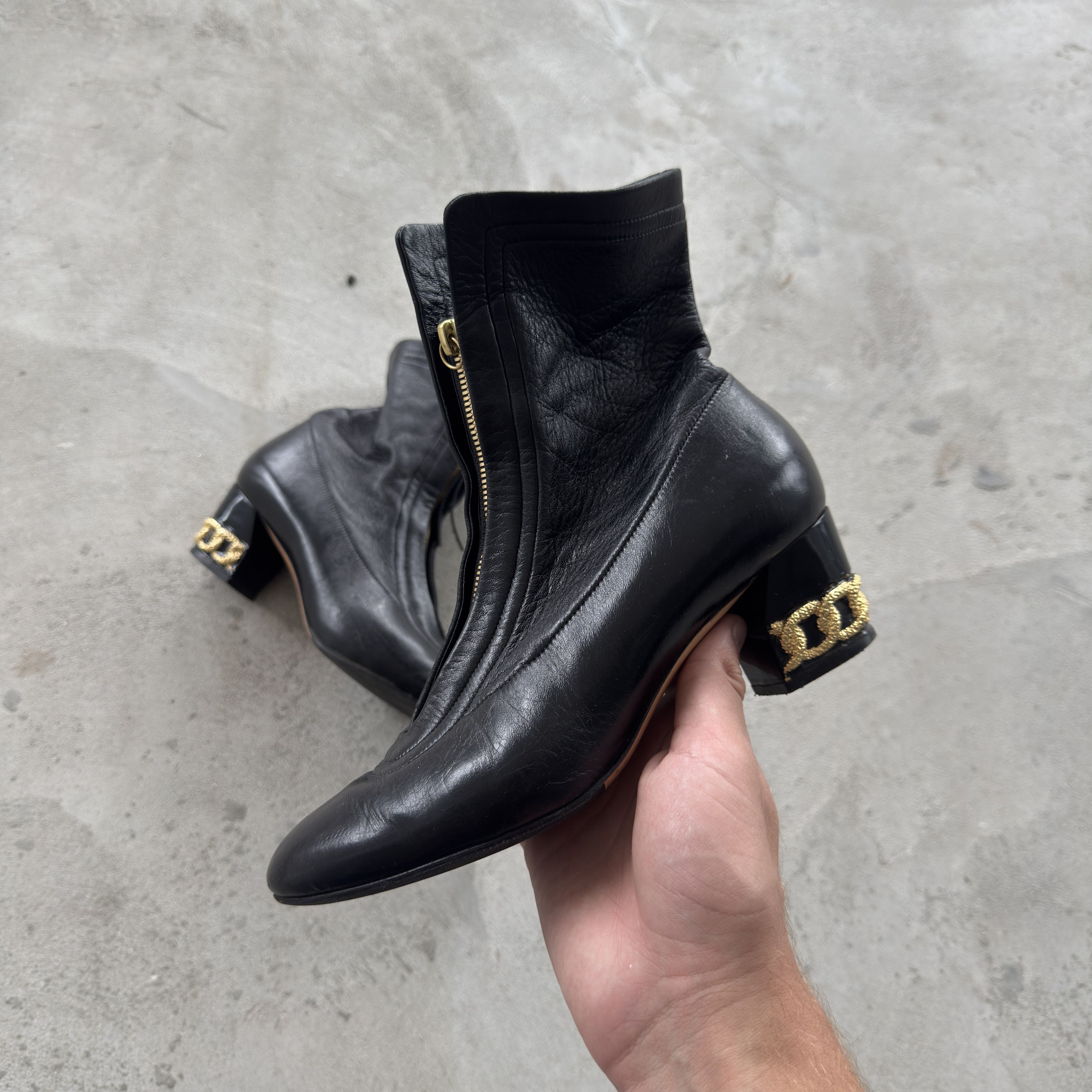 Casadei Vintage 90s Casadei Black Leather Front-Zip Boots Gold Chain Size US 8 / IT 38 - 1 Thumbnail