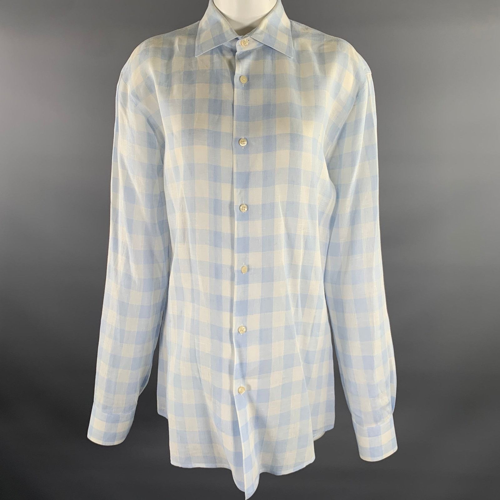 Paul Smith PAUL SMITH M White Blue Checkered Linen Long Sleeve Shirt Size US M / EU 48-50 / 2 - 1 Thumbnail