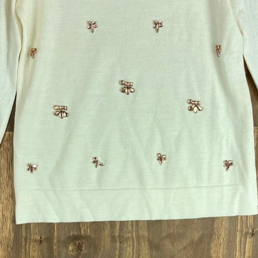 Ann Taylor Ann Taylor LOFT Womens Sweater Cream Gold Jeweled Wool Blend M 3/4 Sleeve Long Sleeve Pullover Casual Workwear Womens Size M / US 6-8 / IT 42-44 - 3 Thumbnail