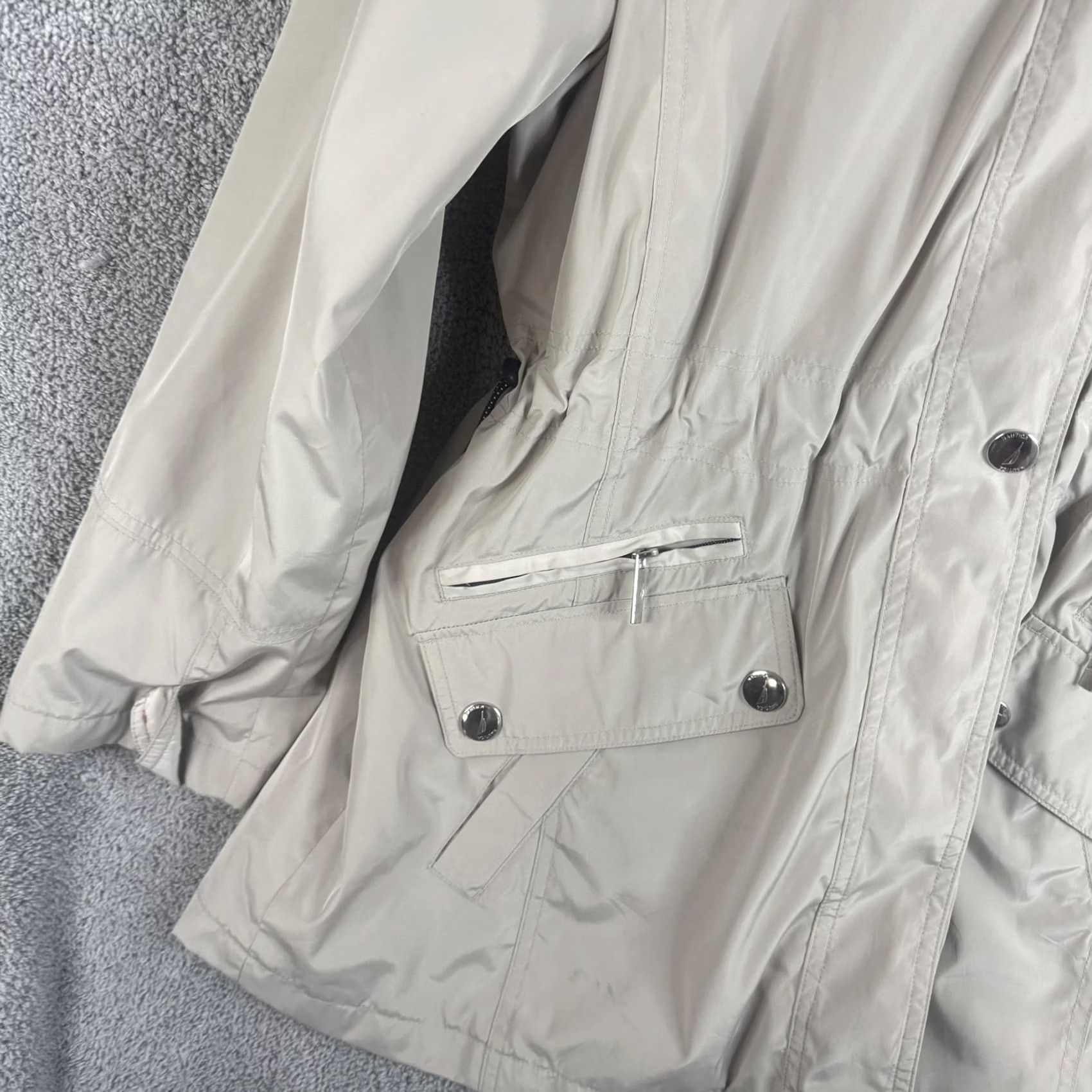 Nautica Nautica Coat Womens Large Beige Hooded Rain Microfiber Zip Pockets Mid Length Size L / US 10 / IT 46 - 2 Thumbnail