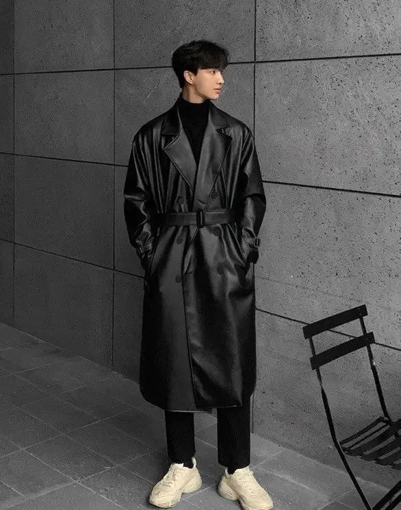 VIBE Streetwear style Long Black Faux Leather trench coat y2k Size US L / EU 52-54 / 3 - 1 Thumbnail