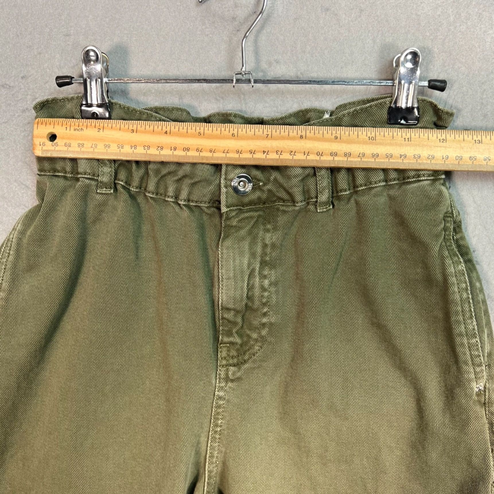 Zara Zara Womens Paperbag Pants Olive Green 100% Cotton High-Waisted Size 2 Tapered Inseam 25 in Womens Size 26" / US 2 / IT 38 - 5 Thumbnail