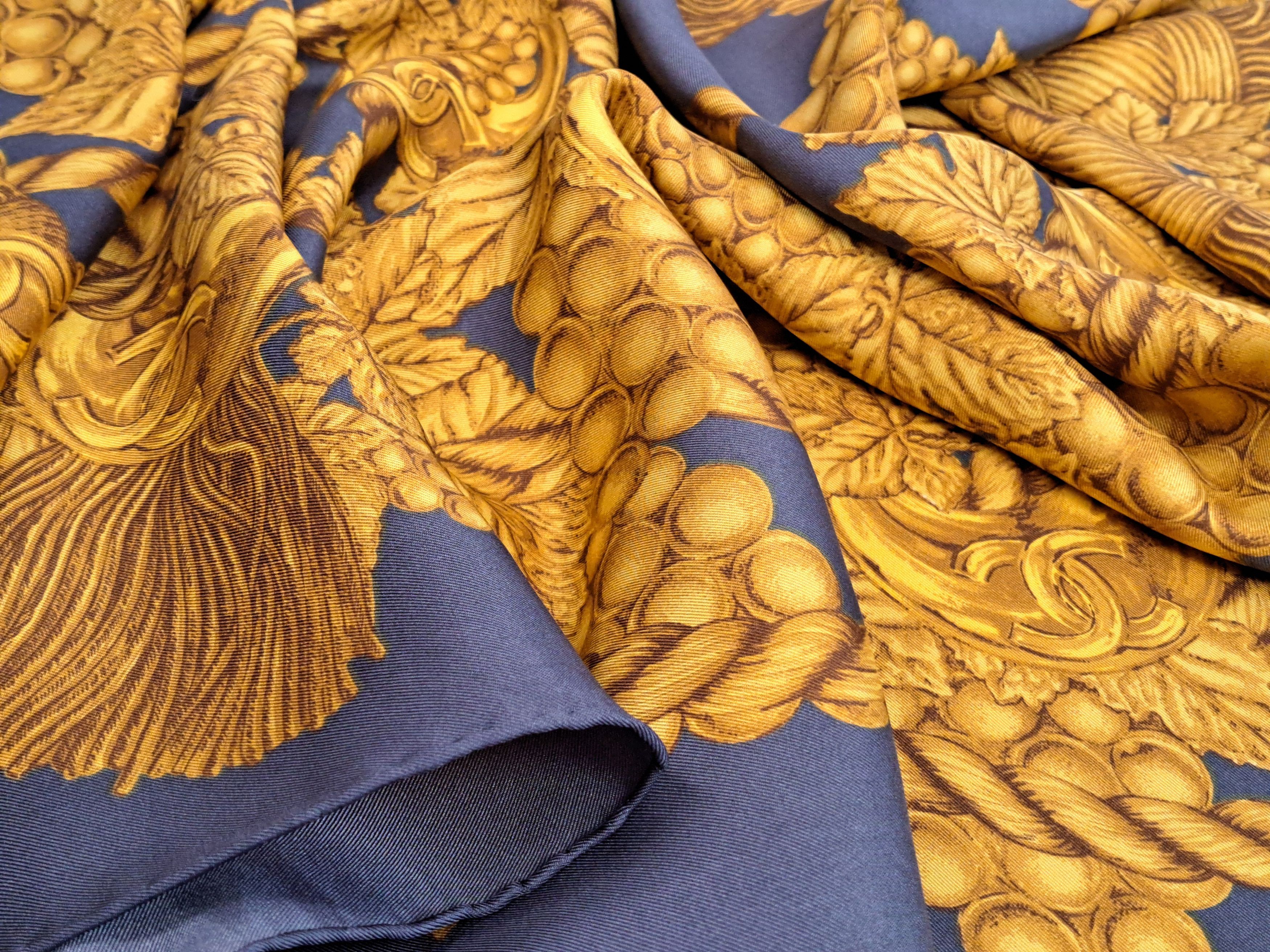 Chanel Vintage CHANEL gray/gold silk scarf grapes and tassel motif. Size ONE SIZE - 10 Thumbnail